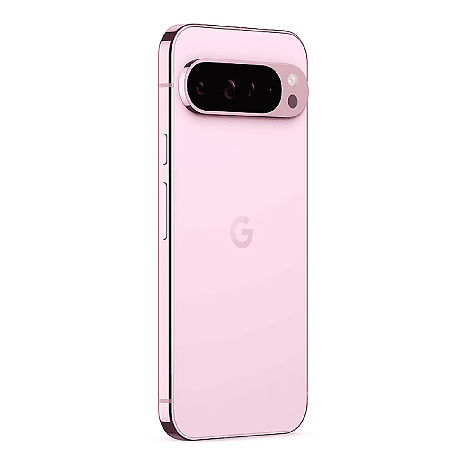 Roze smartphone, achteraanzicht, met drievoudige camera en een 'G'-logo. Lichtroze kleur, witte achtergrond.