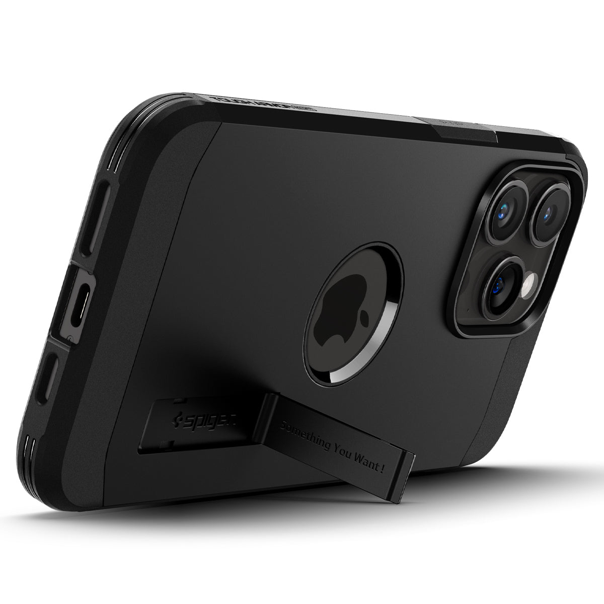 Coque de téléphone noire, avec support, logo Apple visible.