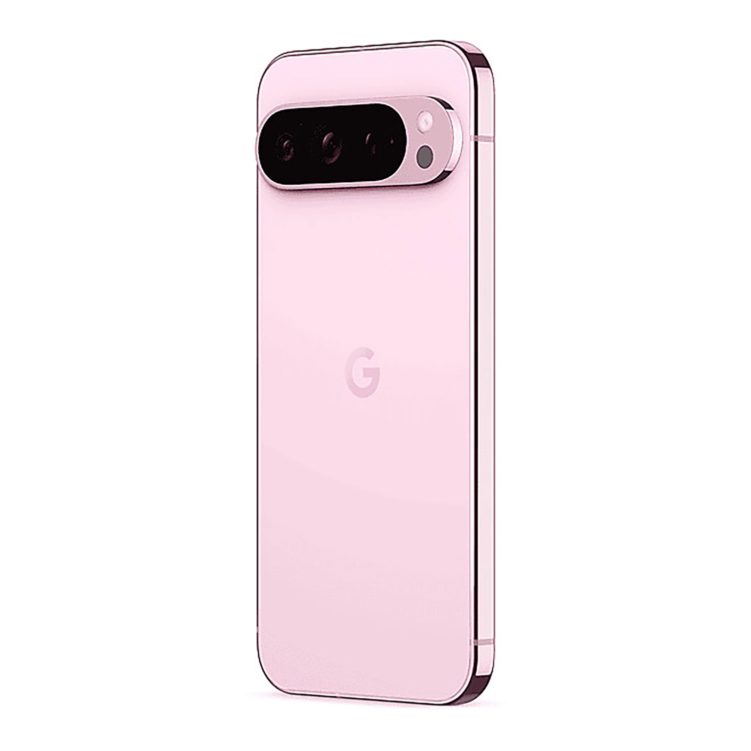 Achteraanzicht van een roze smartphone met drie camera's en een G-logo, een modern ontwerp.