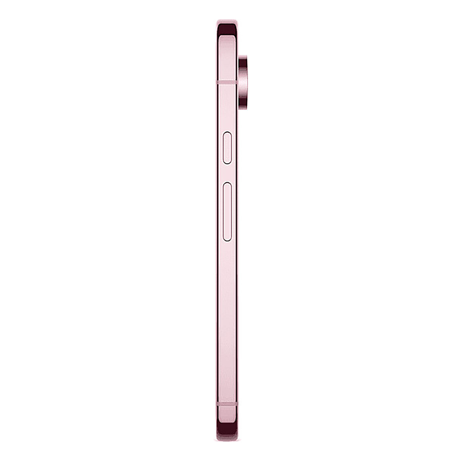 Zijaanzicht van een roze iPhone, met knoppen en cameramodule.