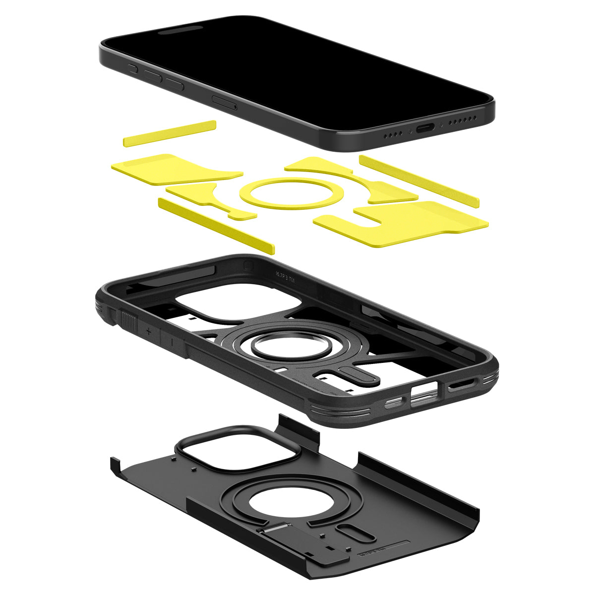 Vue éclatée d'une coque avec téléphone et éléments de protection jaunes.