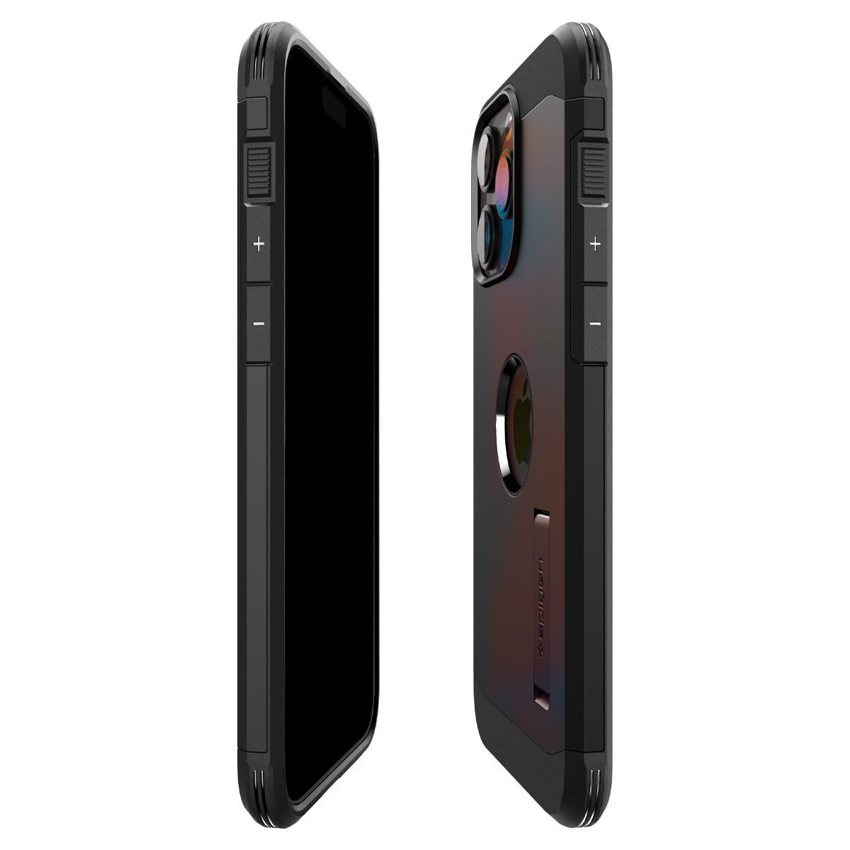 Deux coques de téléphone noires côte à côte. Les coques ont des boutons et un support.