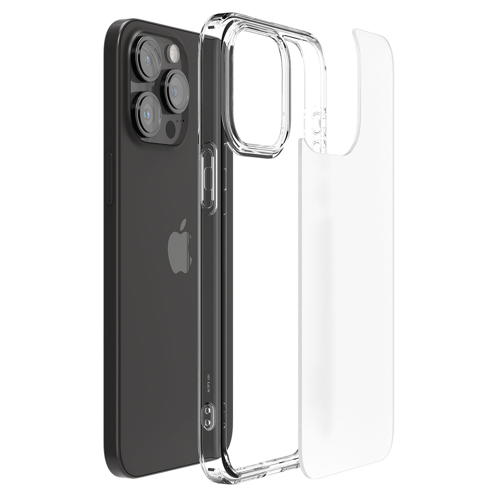 Téléphone noir avec coque transparente sur le côté. La coque montre le contour du téléphone.