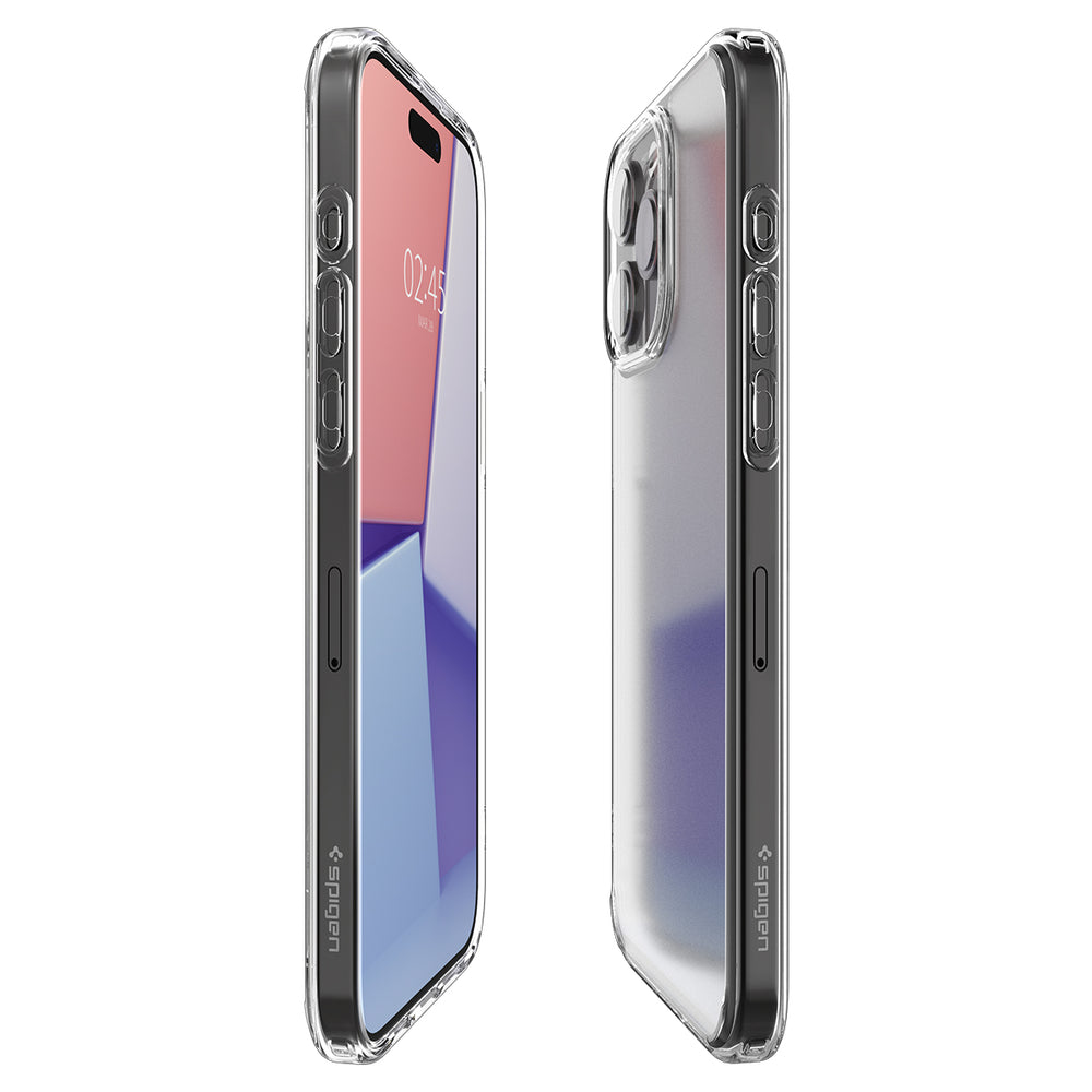 Téléphone dans un étui transparent, vue avant et latérale. L'écran affiche un fond rose avec une horloge.