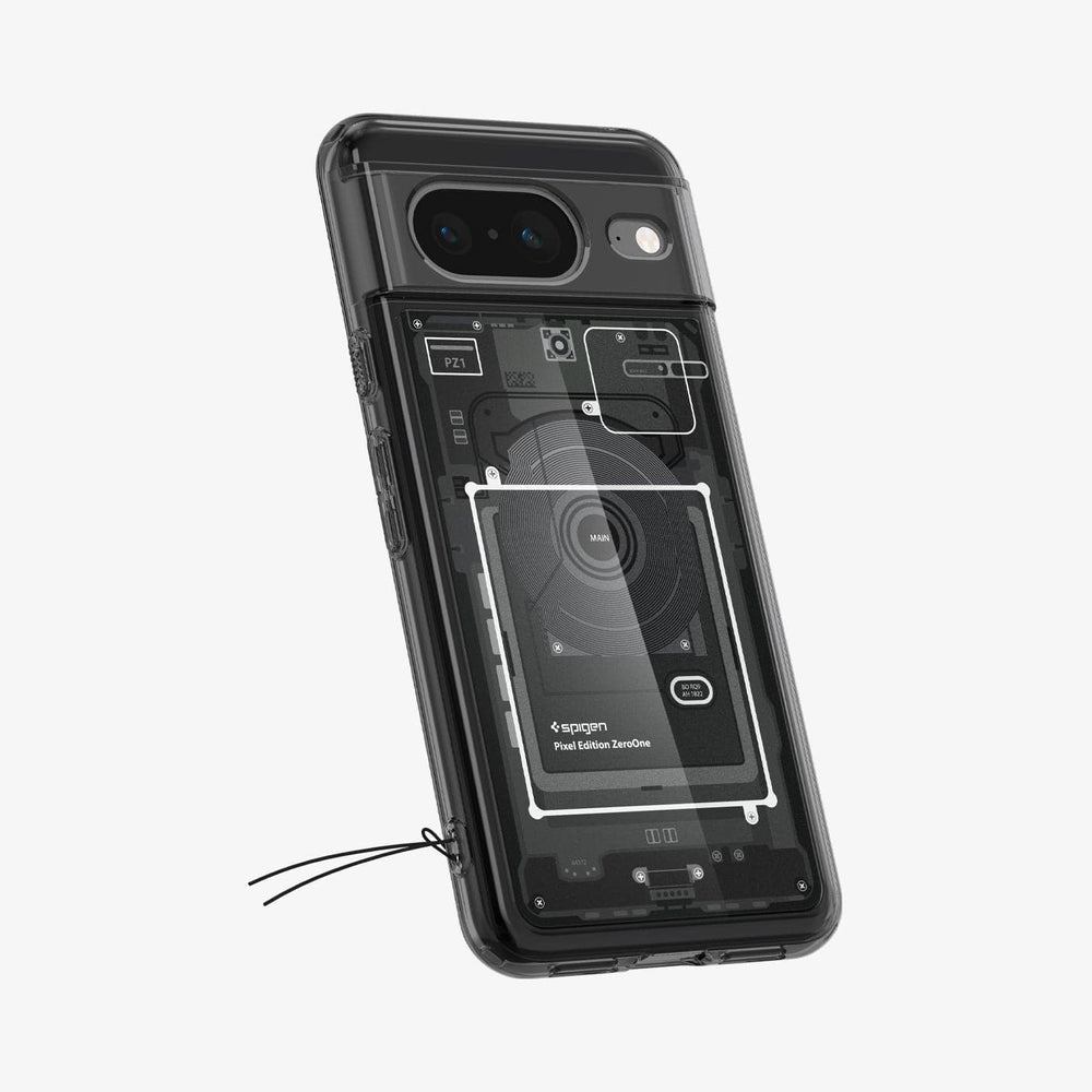 Custodia trasparente che mostra i componenti interni. Con etichetta Spigen Pixel Edition ZeroOne.