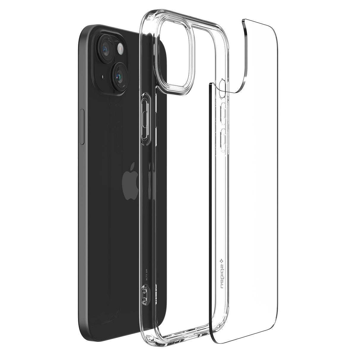 Telefono nero con custodia trasparente di lato. Custodia mostra il contorno del telefono.