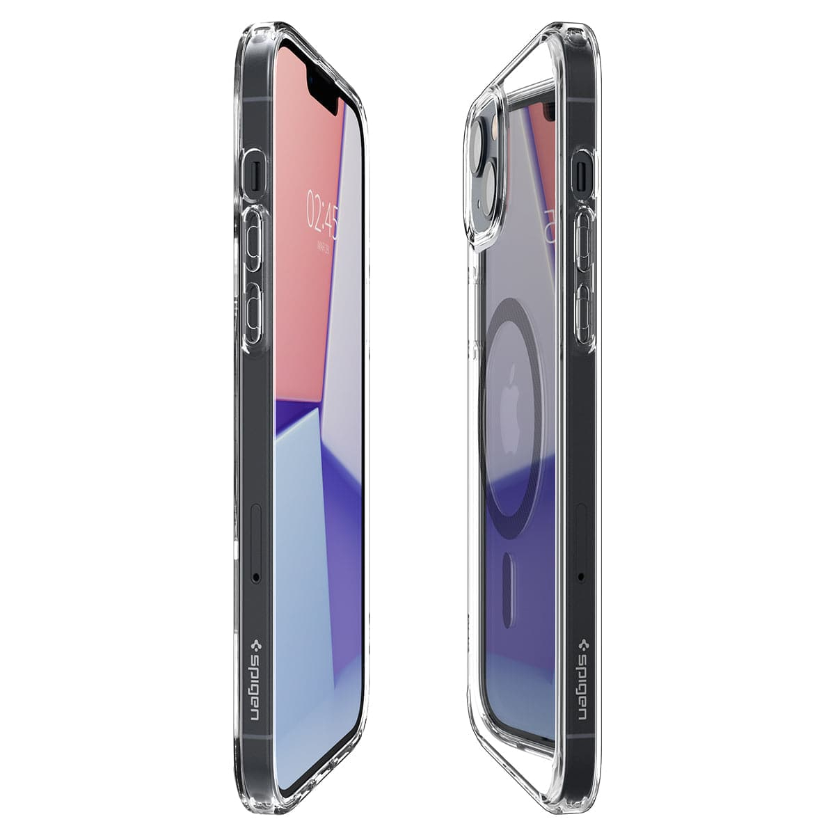 Due telefoni in custodie trasparenti, uno mostra uno schermo rosa, l'altro uno blu e il logo Apple.