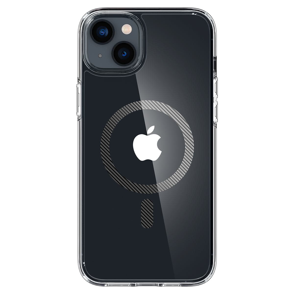 Custodia trasparente con un telefono all'interno, che mostra un logo Apple bianco su sfondo nero.