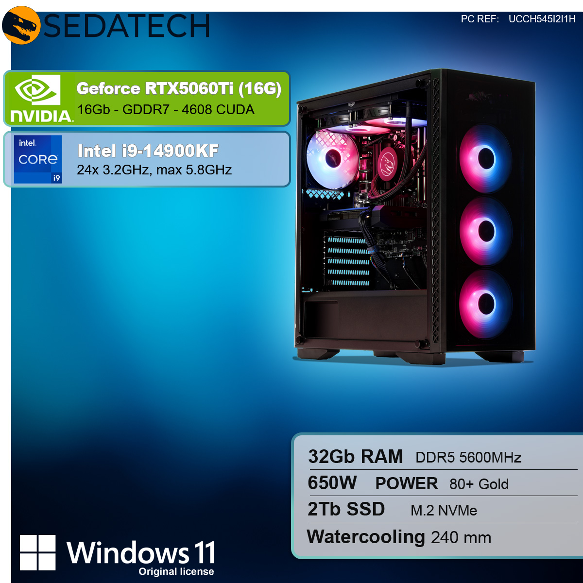Case del computer con schema di luci blu-rosso. Specifiche: Nvidia GeForce RTX5060Ti.