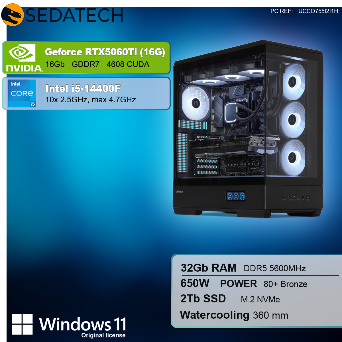 Un case per PC da gaming con componenti. Contiene CPU, GPU, RAM, SSD e logo Windows 11.