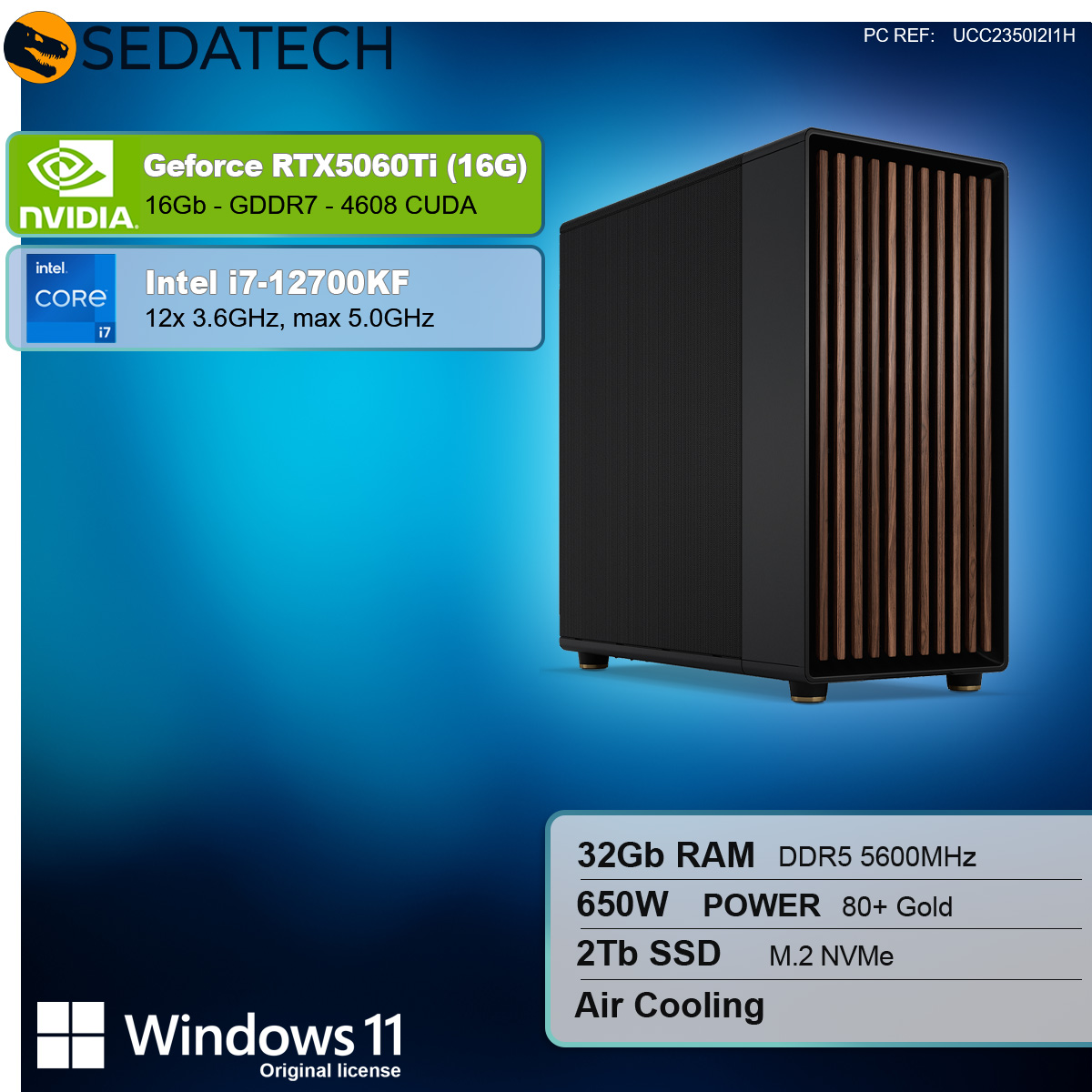 Un computer desktop nero con pannello frontale marrone. Le specifiche includono un processore Intel i7-12700KF.