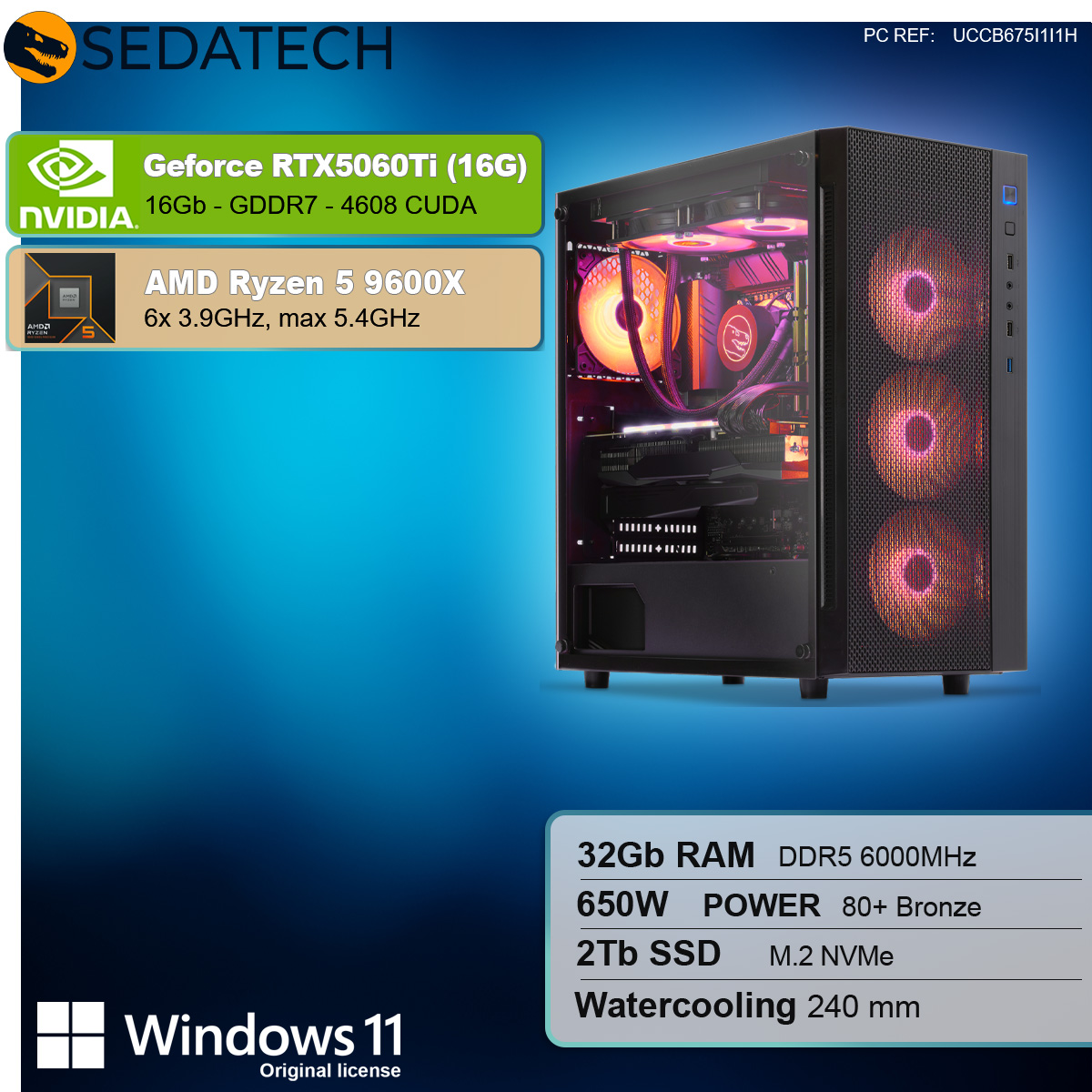 Un computer in una custodia di vetro con componenti interni visibili. Sono presenti anche etichette di testo e loghi.