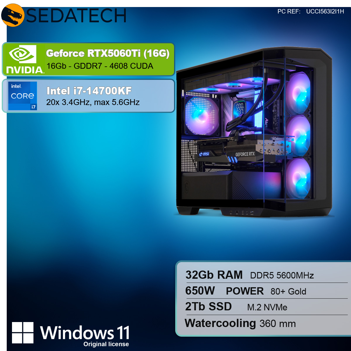 PC gaming con componenti ed etichette di testo per RTX 5060Ti, Intel i7-14700KF, 32GB RAM, 2TB SSD.