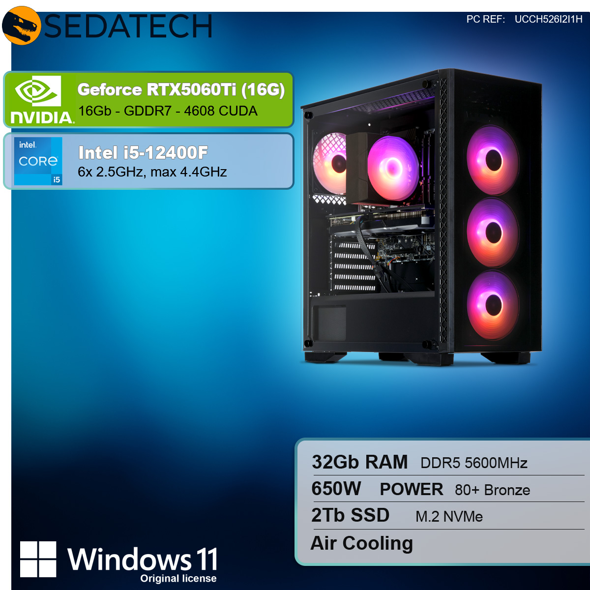 Computer da gaming con pannello laterale in vetro, ventole multiple e componenti interni.