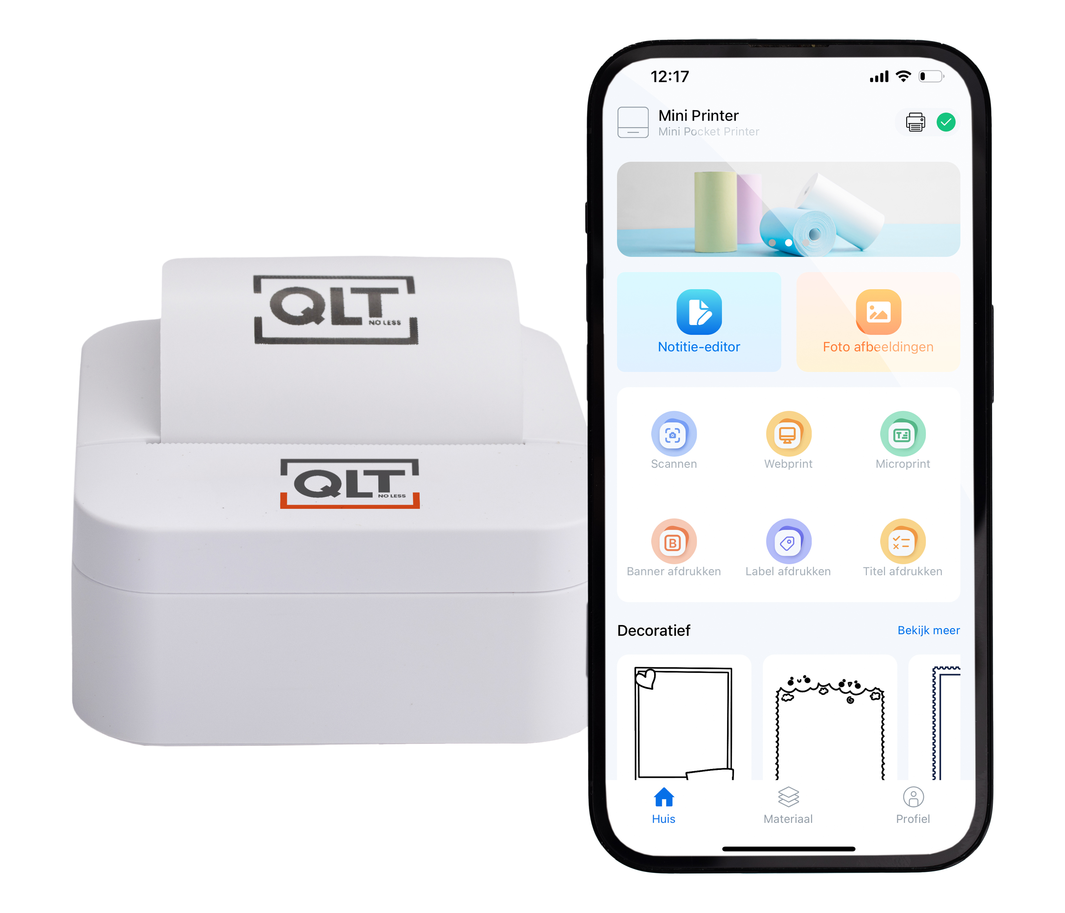White mini printer with a phone showing printing options. The phone displays the app interface.