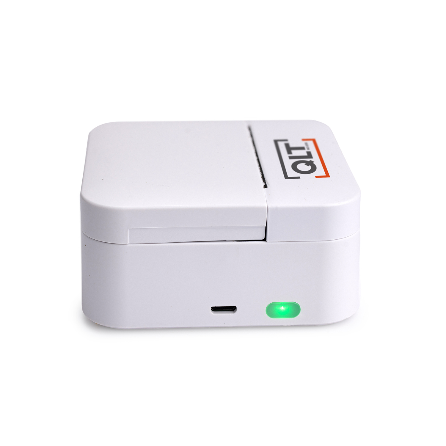 White, square device with a green light. The device has a small port on one side and a logo.