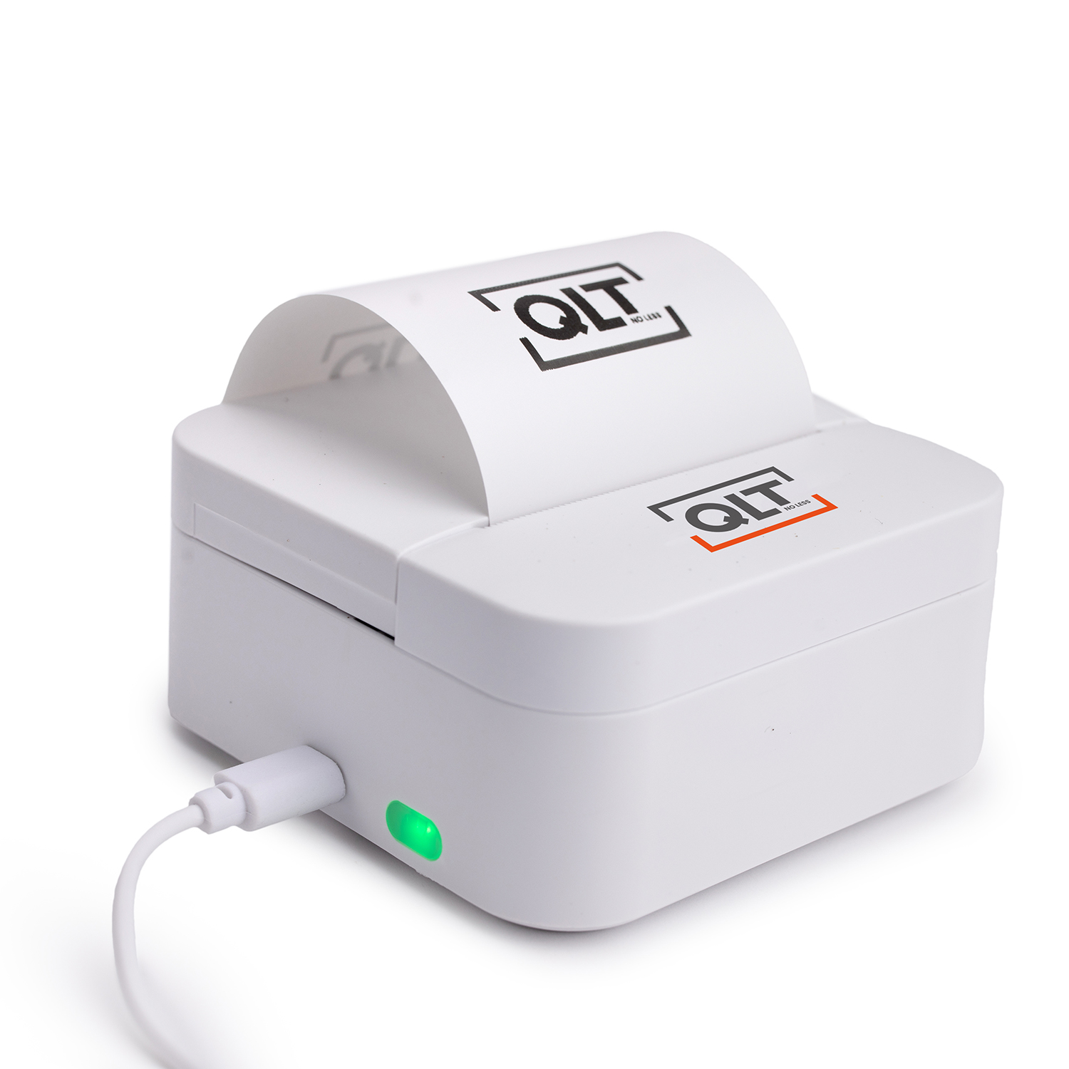 White thermal printer with a QLT logo, and a paper roll. Green light illuminated.