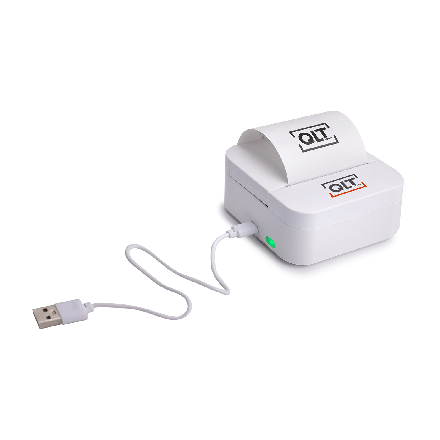 White portable printer with a USB cable attached and paper coming out.