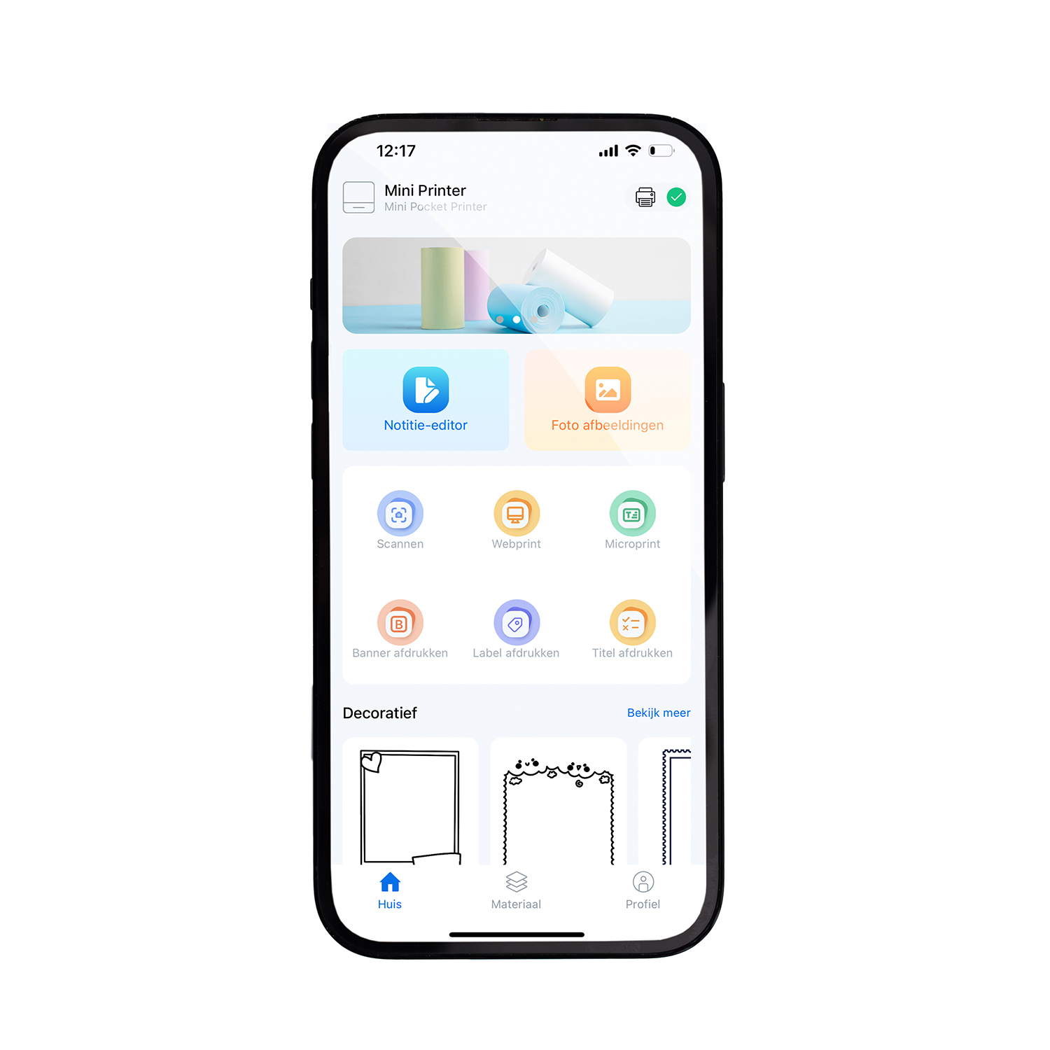 Smartphone screen showing an app with icons for printing, scanning, and editing, black phone.