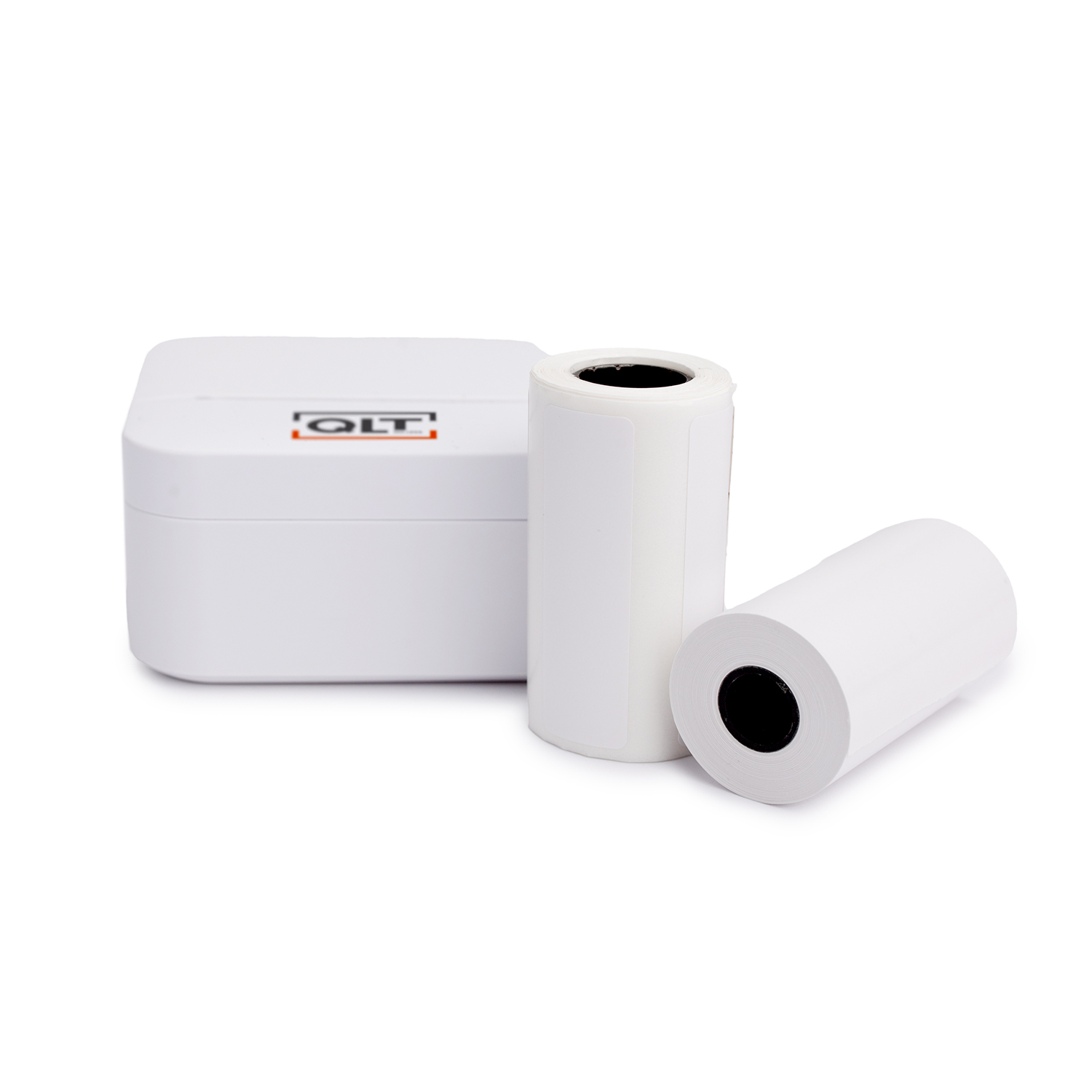 White printer with two rolls of paper. A white box with 'QLT' logo is on the left.