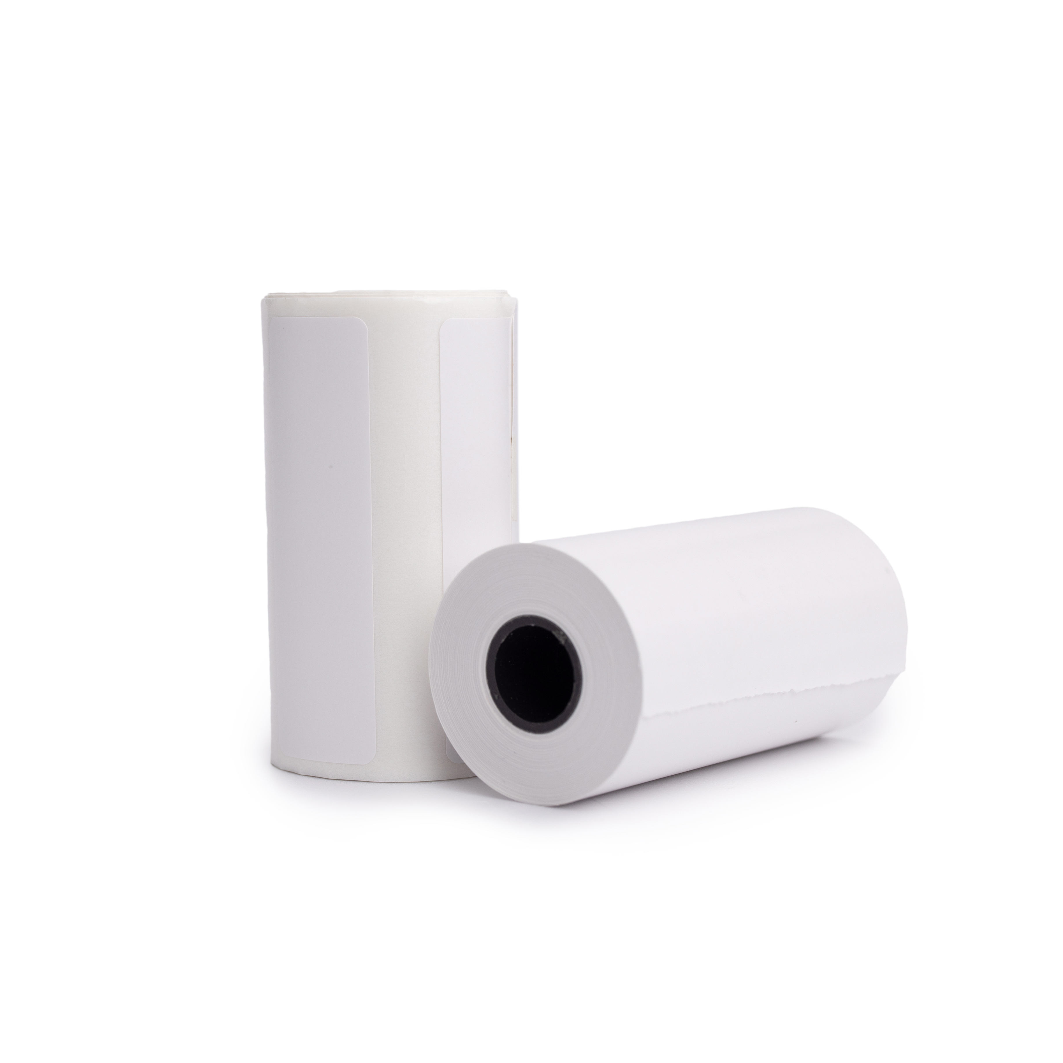 Two rolls of white thermal paper. One is standing up.