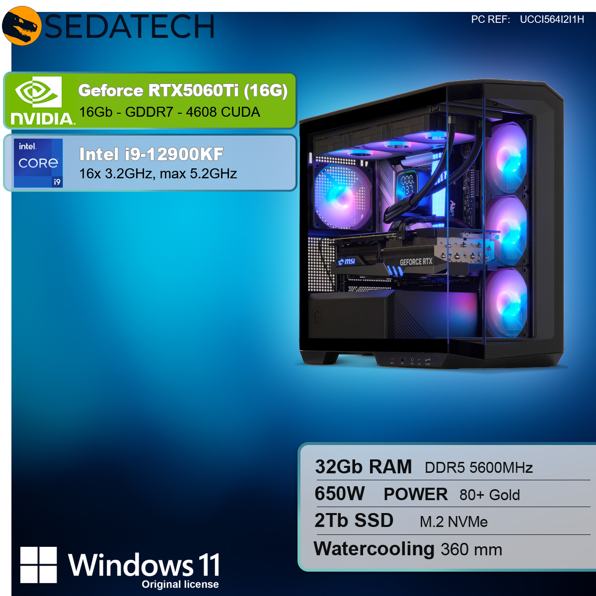 PC da gioco con componenti all'interno ed etichette informative. È visibile un adesivo di Windows 11.