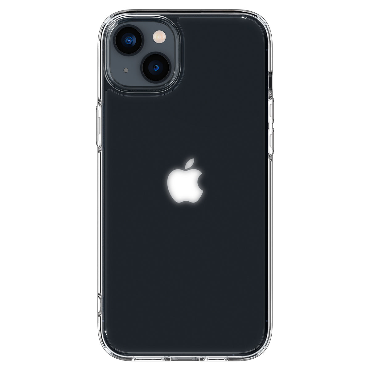 Schwarzes iPhone in einer transparenten Hülle. Apple-Logo sichtbar. Zwei Kameralinsen.
