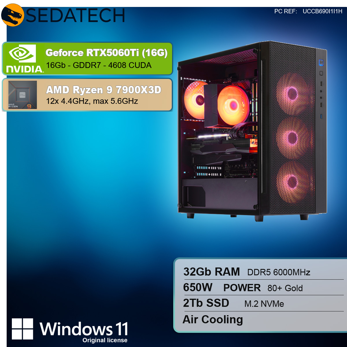 Case nero per computer con luci rosse, componenti visibili ed etichette di testo.