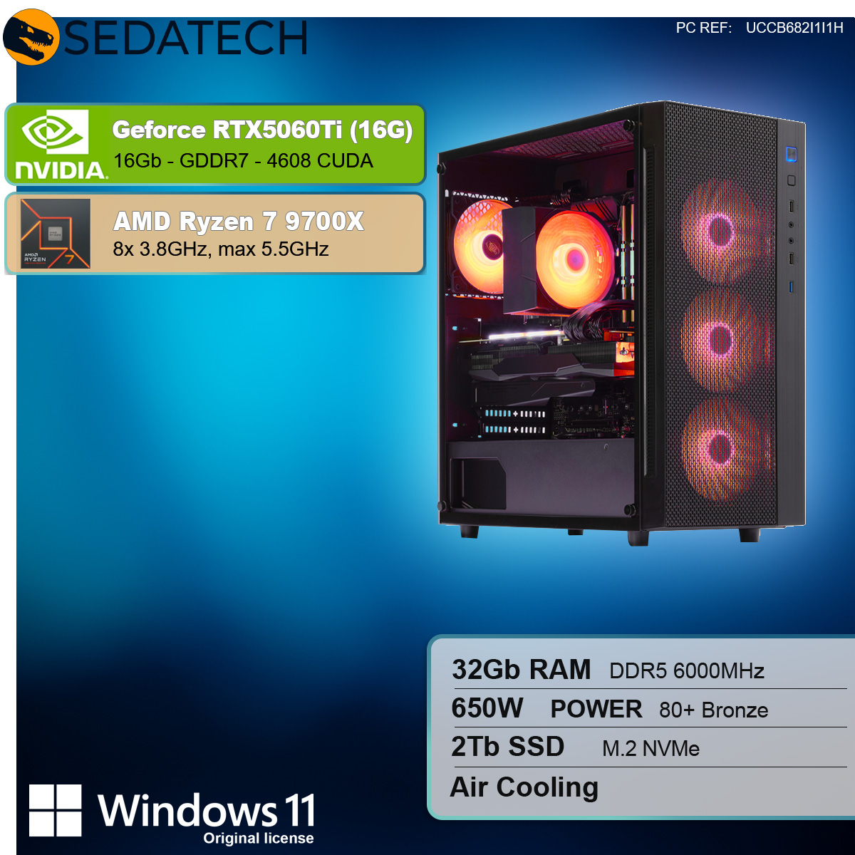 Case del computer con componenti. Testo con specifiche e loghi presentati.