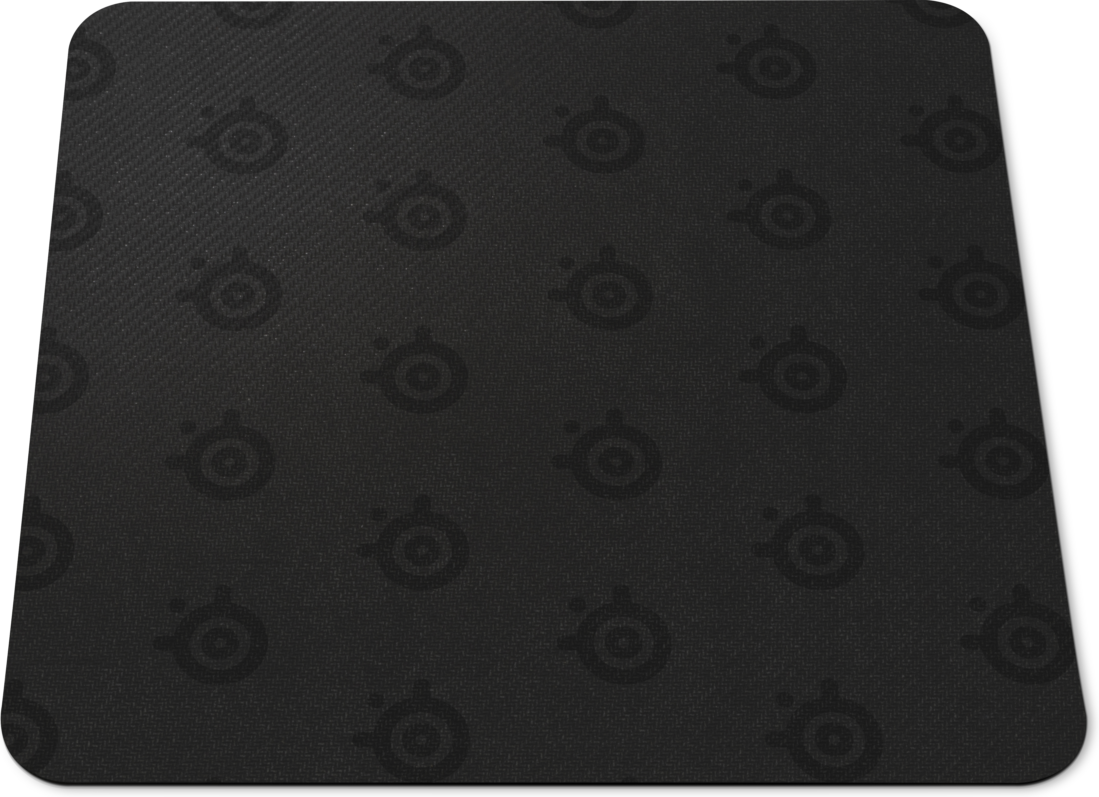 Czarna podkładka pod mysz z małymi, powtarzającymi się, szarymi wzorami logo na teksturowanej powierzchni.