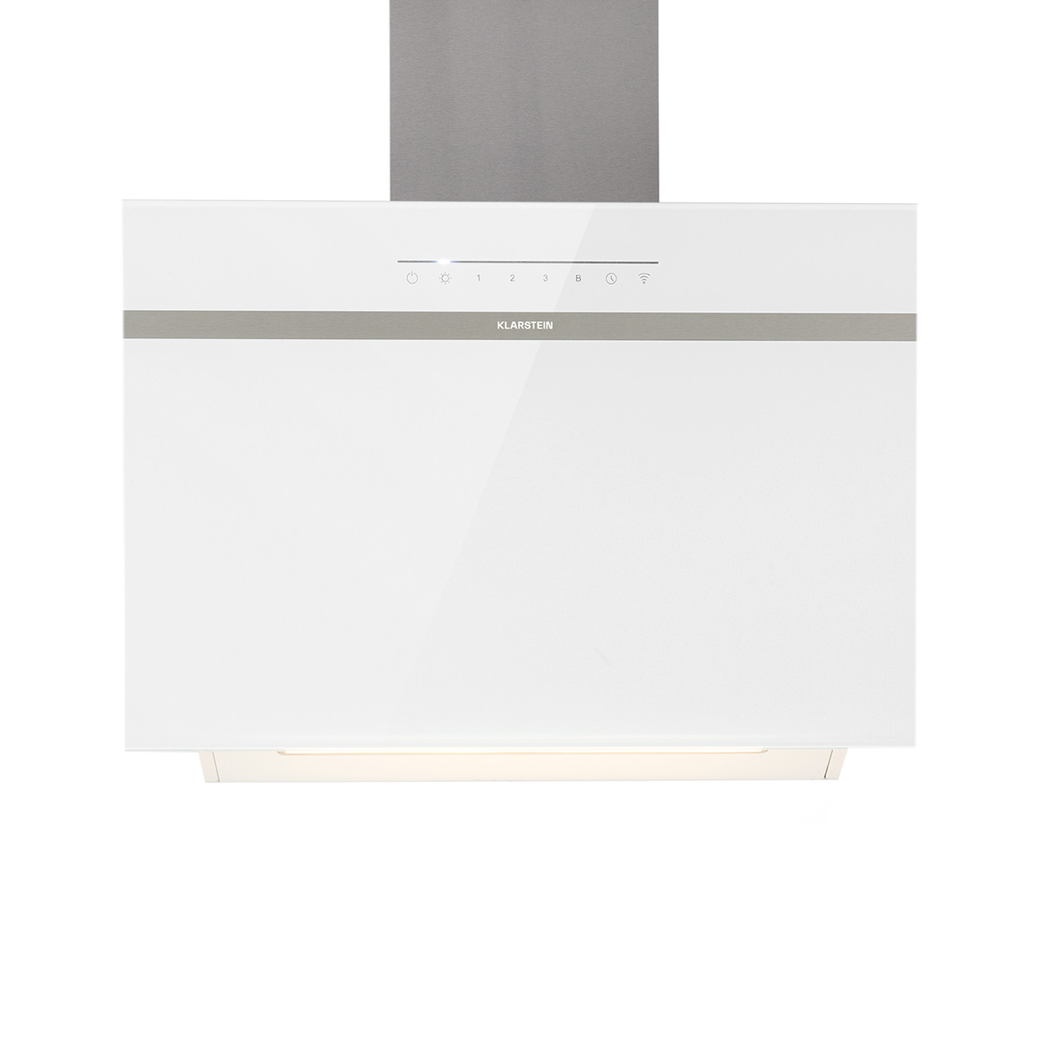 Campana extractora blanca con controles. Ribete plateado y luz en la parte inferior.