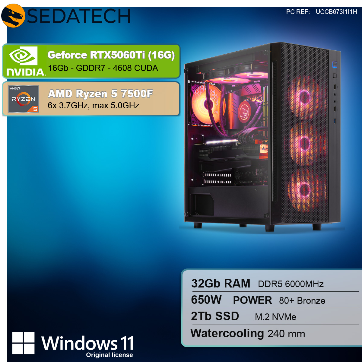 Un case per computer con dettagli dei componenti, licenza Windows 11 e specifiche aggiuntive.