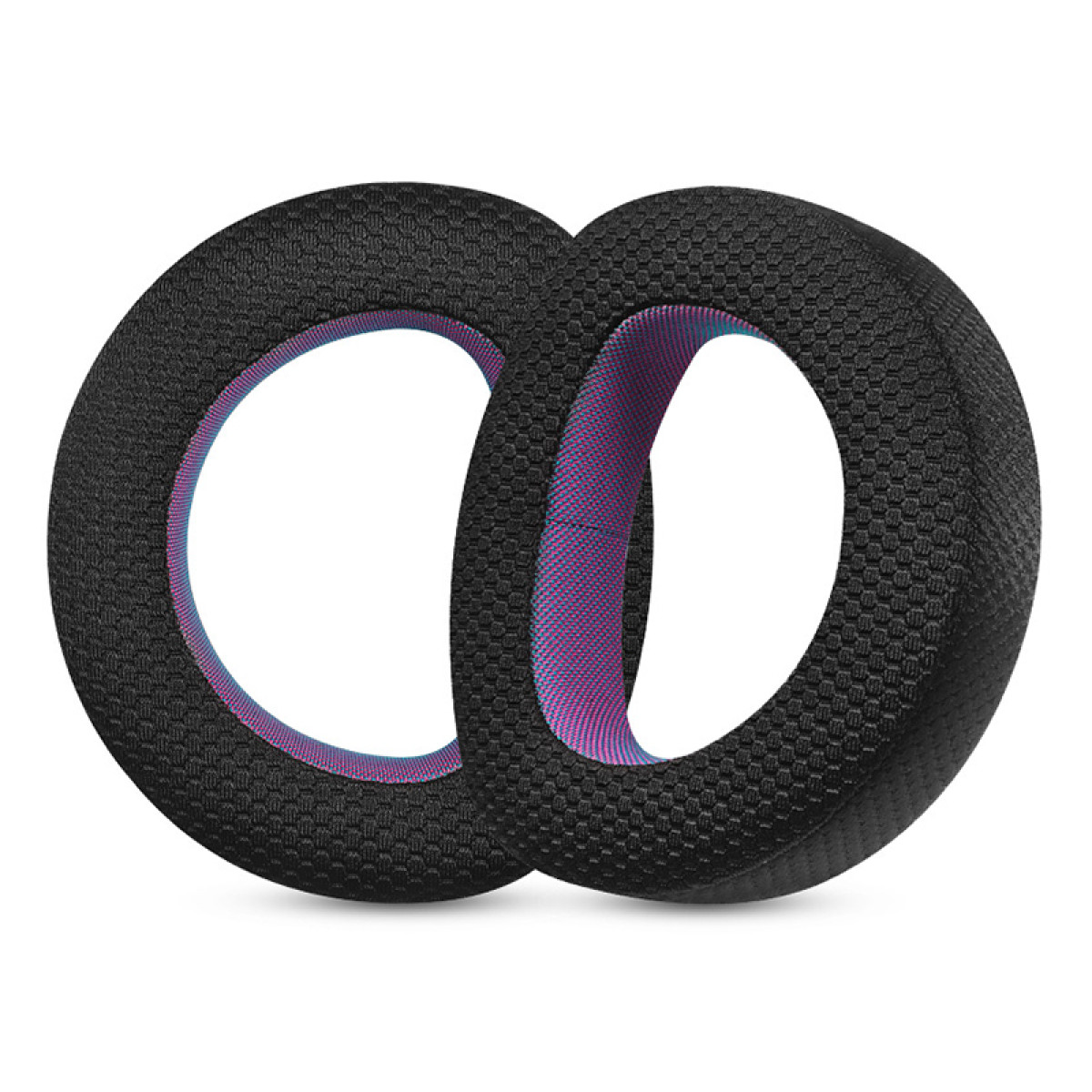 Due cuscinetti auricolari circolari neri con una trama a rete e una fodera interna viola.