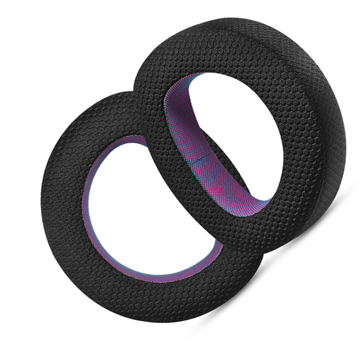 Vengono mostrati due cuscinetti auricolari neri. Hanno una superficie strutturata e un interno colorato.