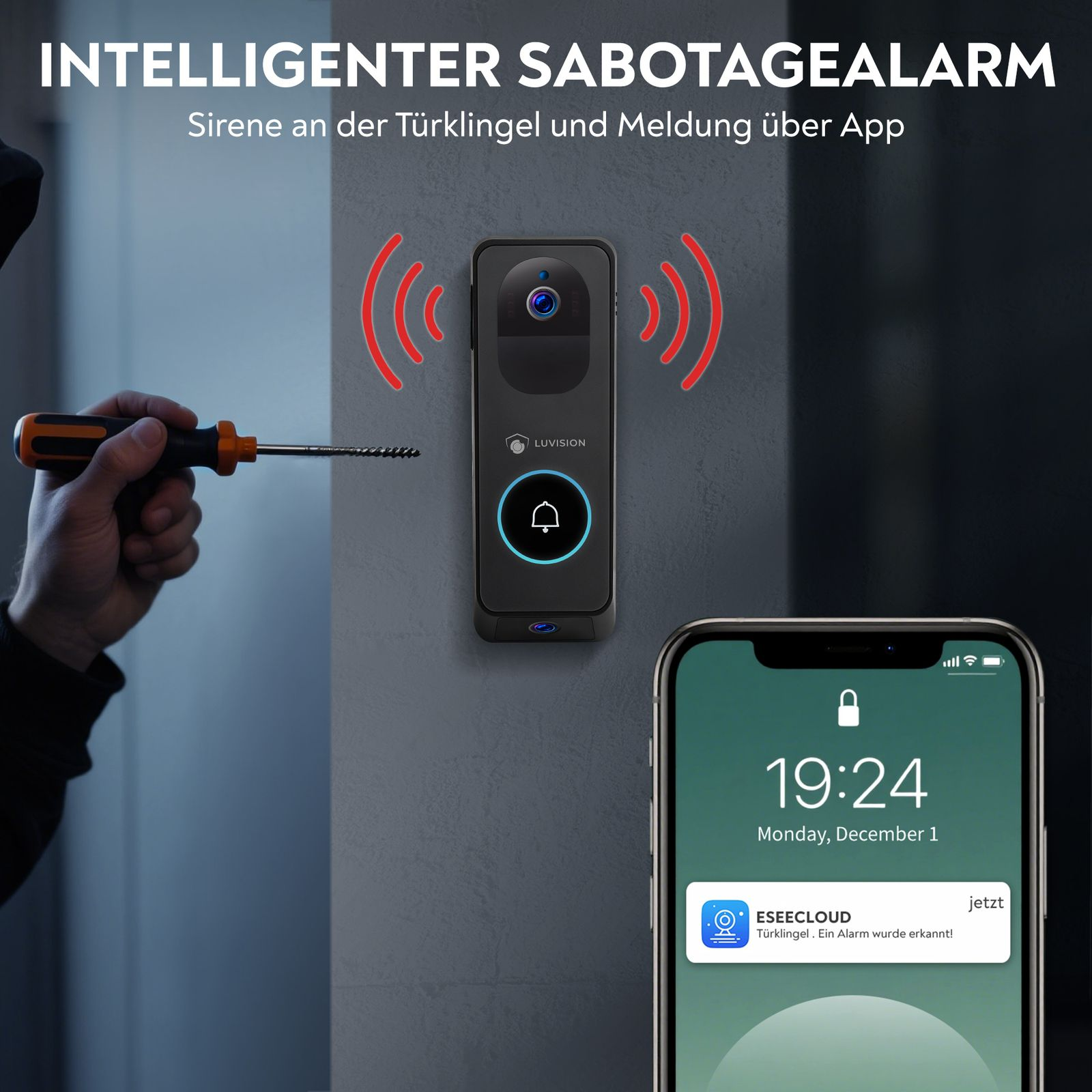 Eine Person stellt einen Alarm über eine App auf einem Telefon ein. Das Telefon zeigt eine Benachrichtigung.