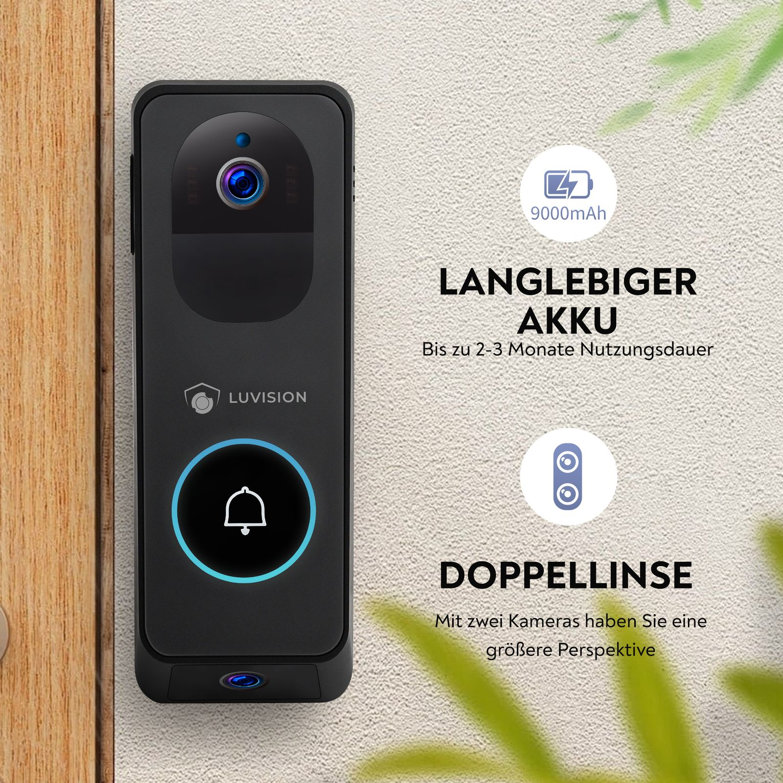 Schwarze Türklingel mit Kamera, Luvision-Logo und Text. Hintergrund: Holztür.