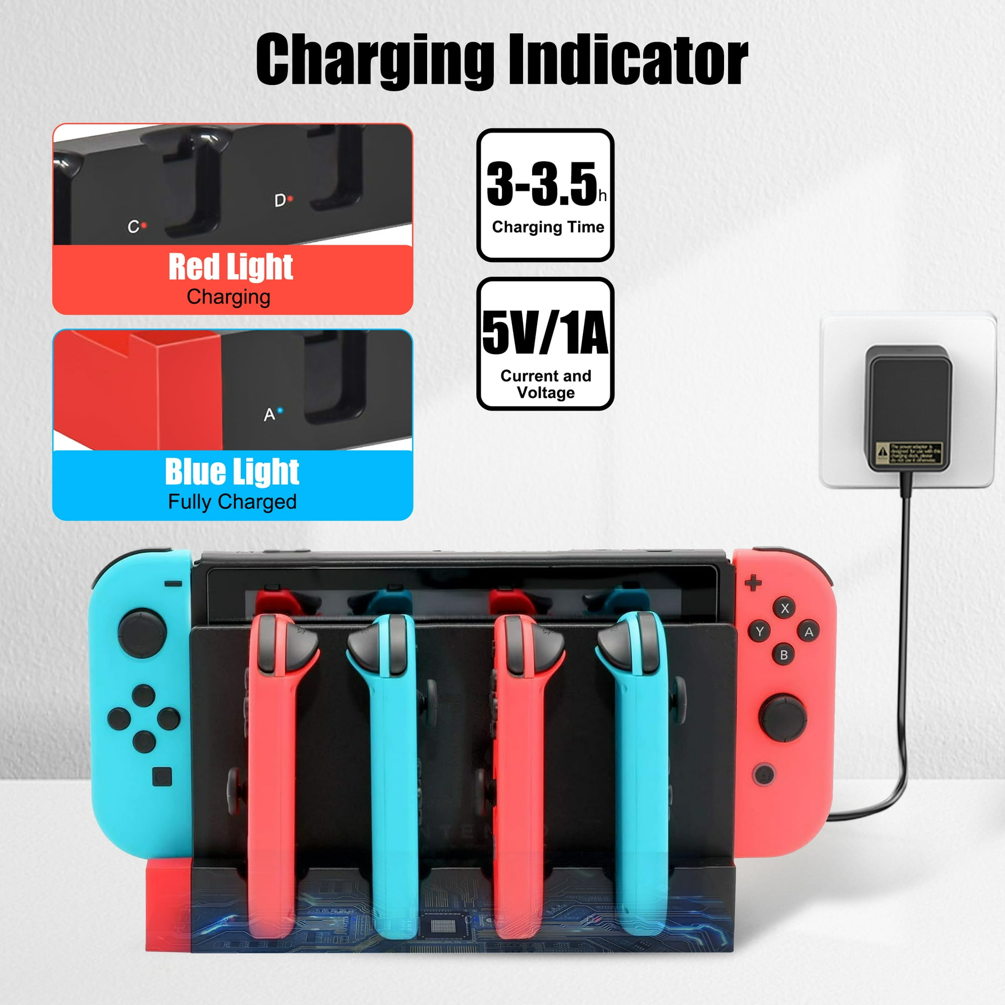 Ladestation mit Switch Joy-Con-Controllern. Rotes Licht zum Laden, blaues Licht für voll aufgeladen.