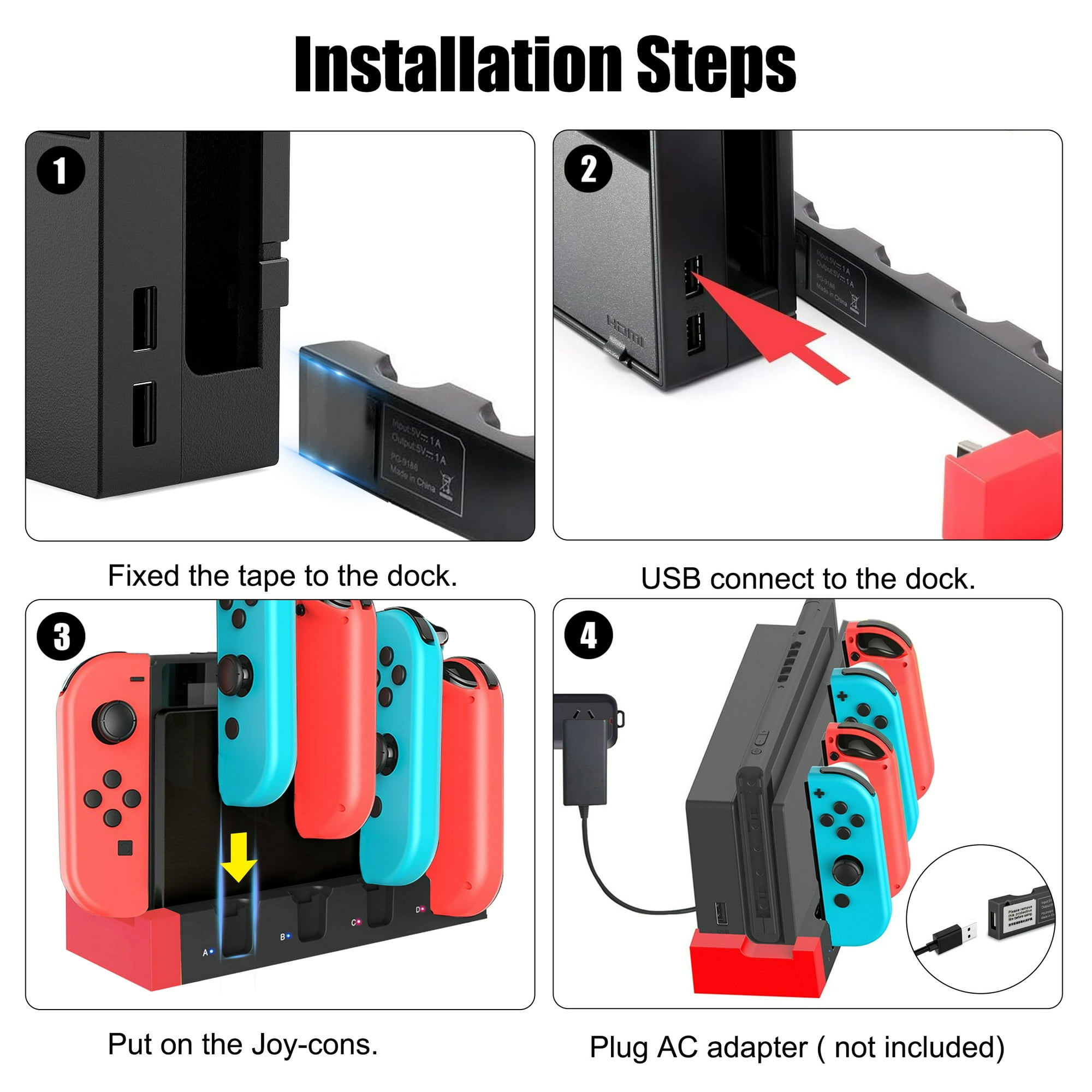Grafik mit Installationsschritten. Zeigt, wie man eine Dockingstation mit Nintendo Switch und Joy-Cons verbindet.