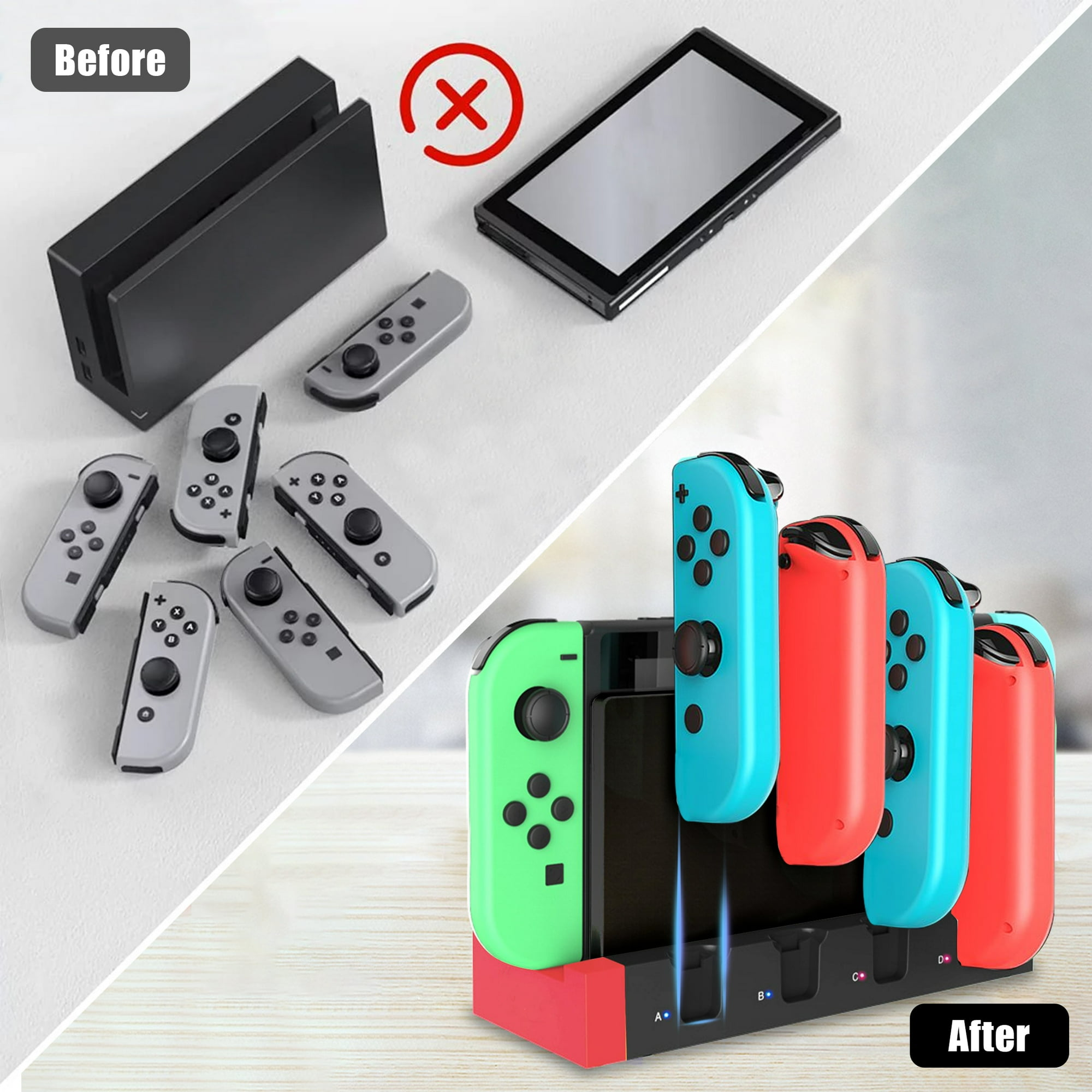 Vorher-Nachher-Ansicht eines Spielekonsolen-Setups. Vorher: Konsolen & Controller. Nachher: Konsolen, Controller in Ladestation.