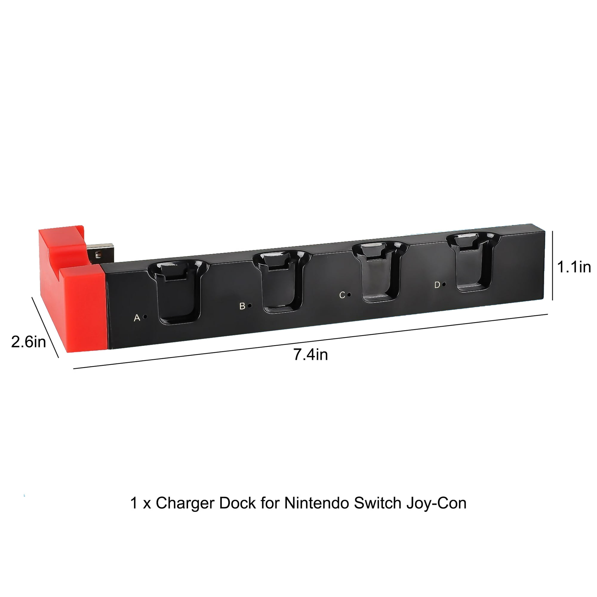 Schwarze Ladestation für Nintendo Switch Joy-Cons. Maße werden angezeigt.