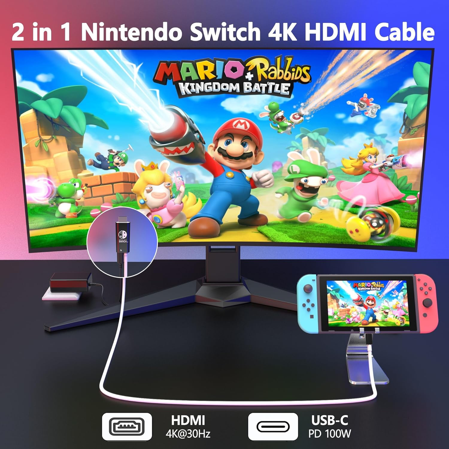 Ein Bildschirm mit Spielszene, Konsole und Kabel mit HDMI und USB-C.