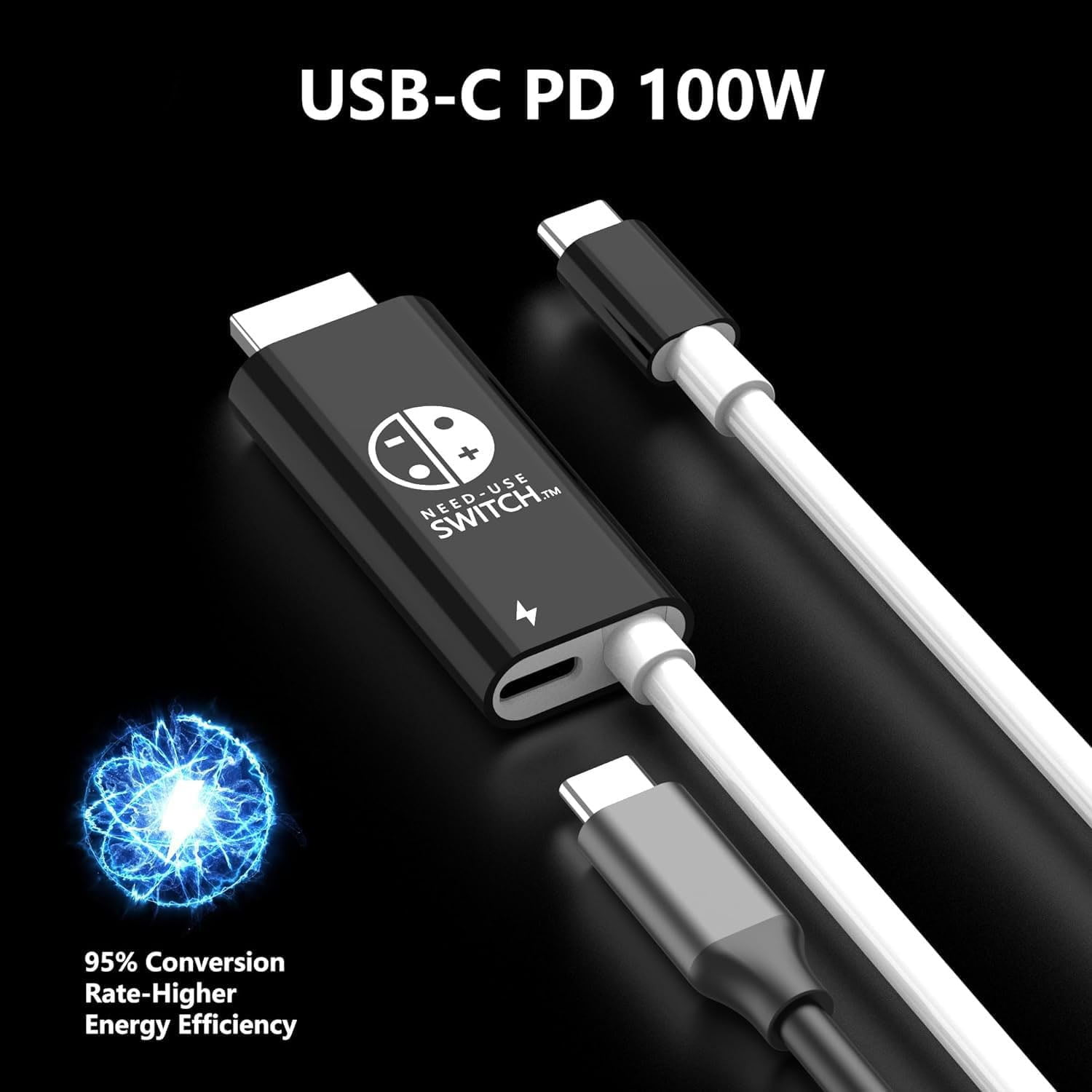 USB-C PD 100W Ladegerät für Nintendo Switch, schwarz-weiße Kabel, blaue Energiefluss-Grafik.