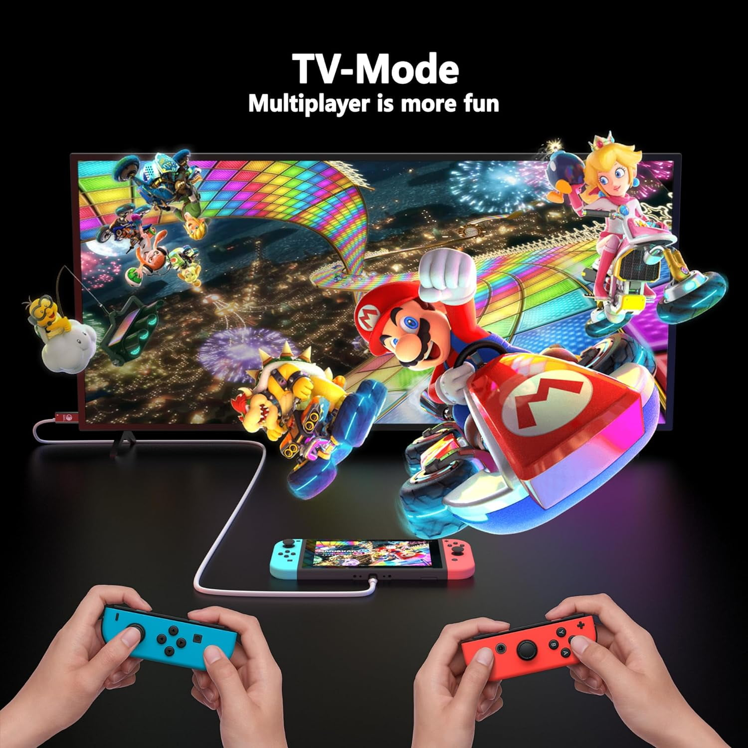 Spielszene mit Mario-Charakteren auf dem Fernseher. Hände halten Controller. Text.