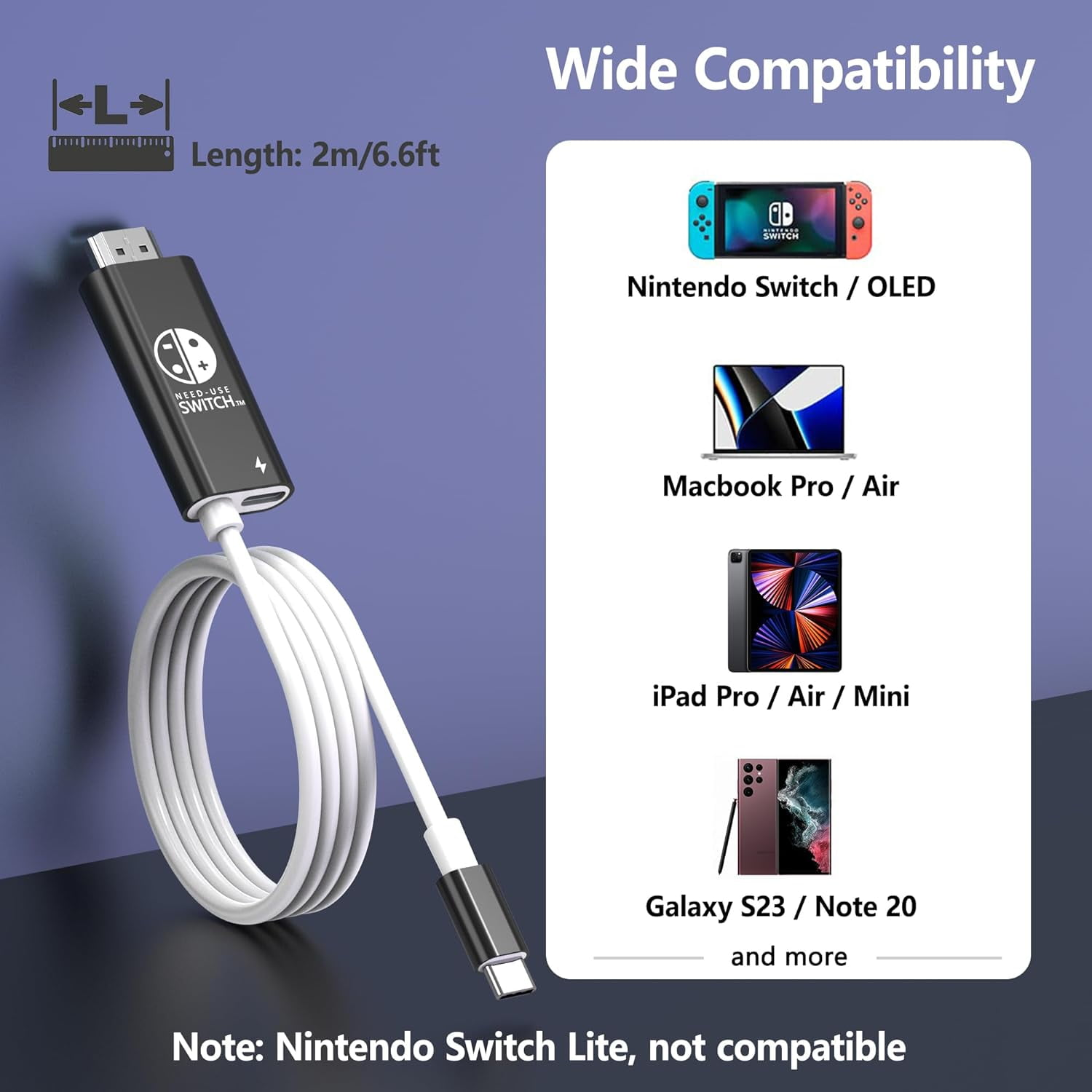 Schwarzer HDMI-Adapter mit weißem Kabel, Kompatibilitätsliste rechts.