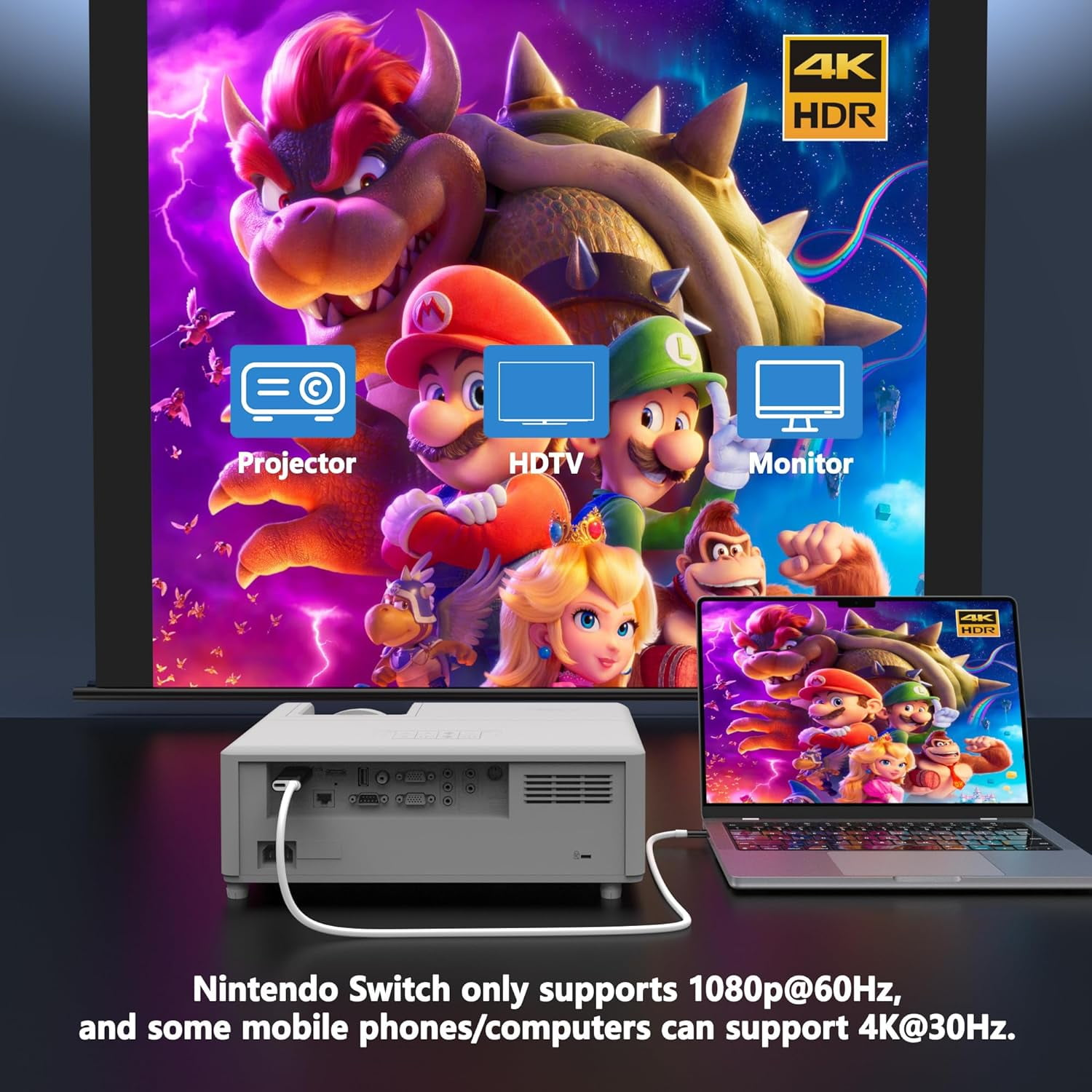 Ein Projektor und ein Laptop zeigen eine farbenfrohe Videospielszenen mit Nintendo-Charakteren und Text.