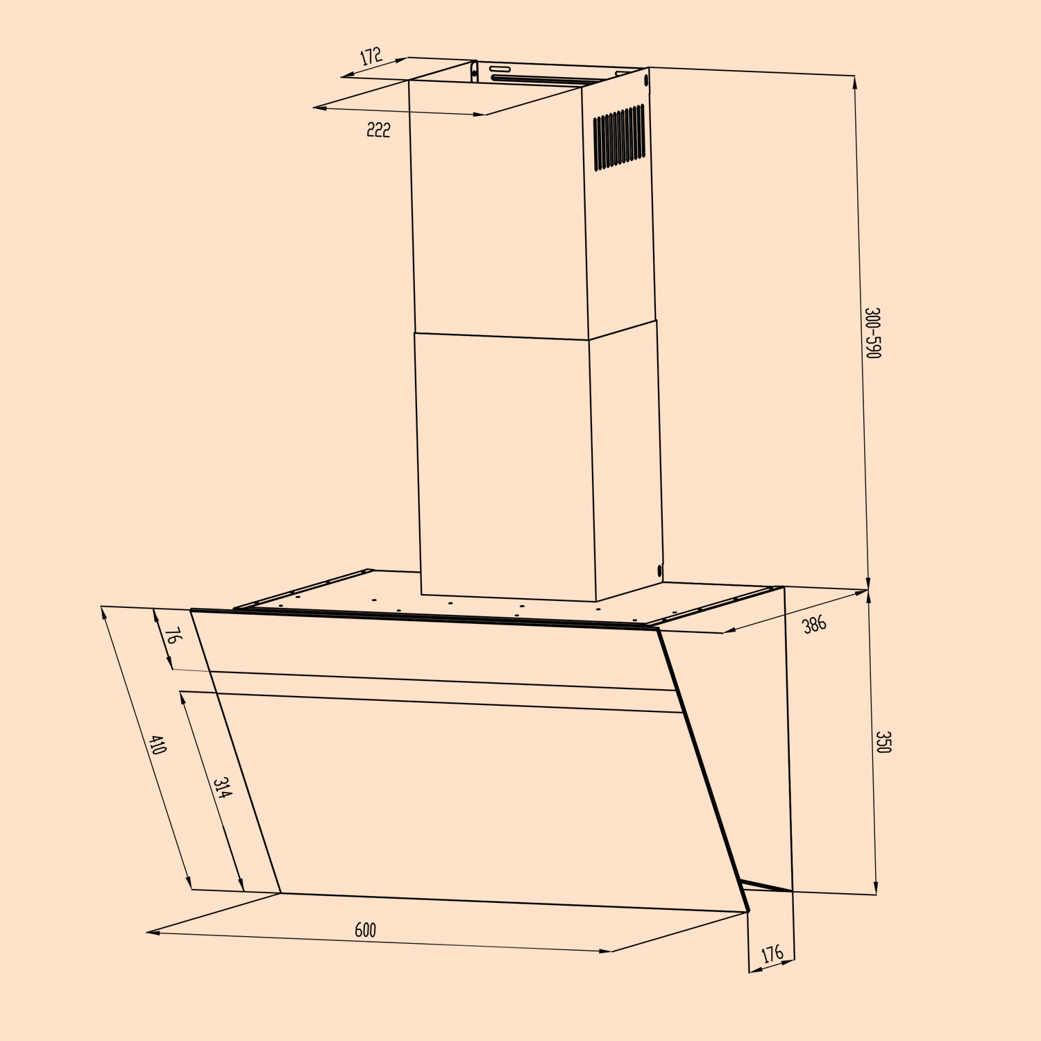 Dibujo técnico de una campana extractora con dimensiones sobre fondo beige.