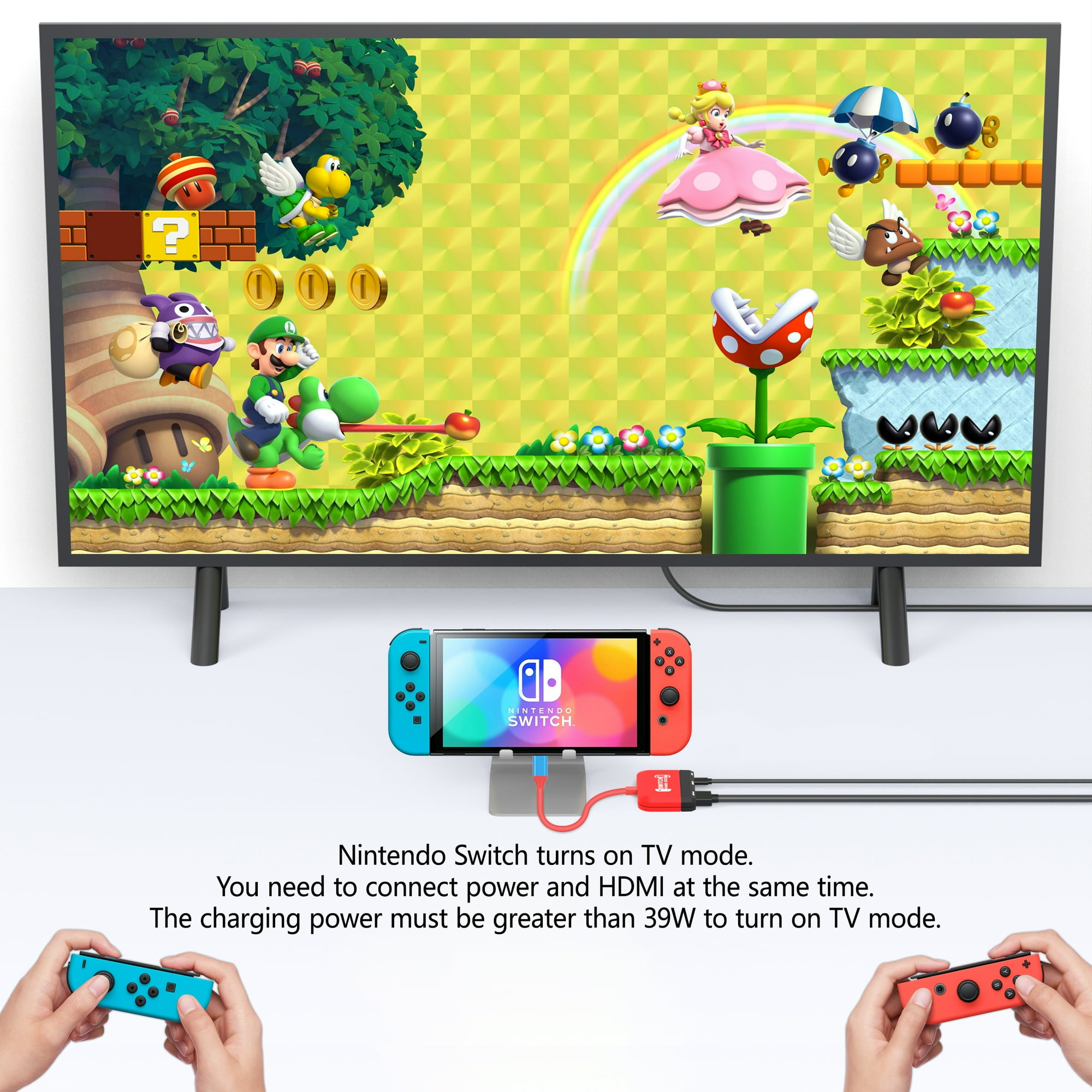 Nintendo Switch mit TV verbunden, Spielszene, Controller.