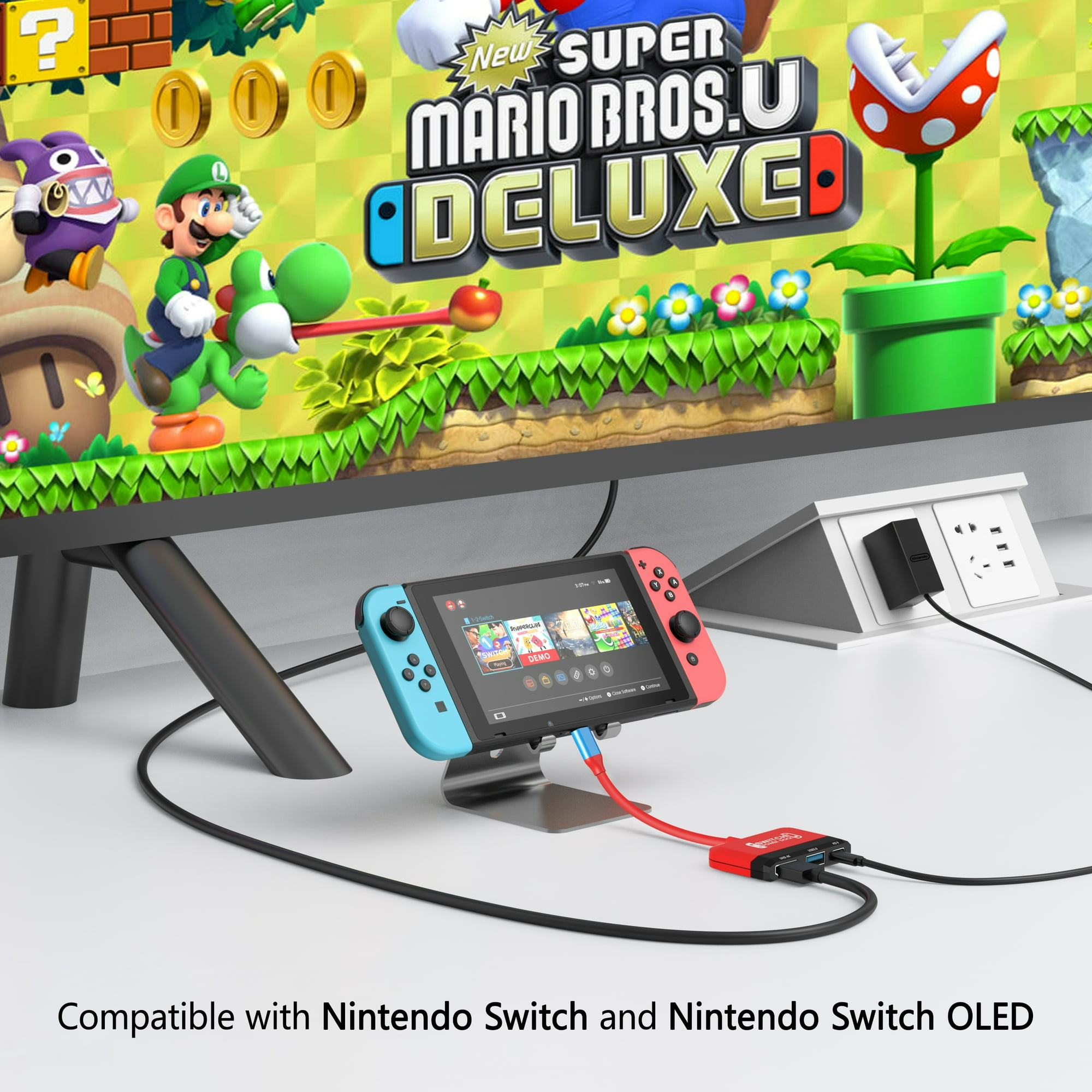 Nintendo Switch auf Ständer, an TV angeschlossen, Super Mario Bros. U Deluxe sichtbar.