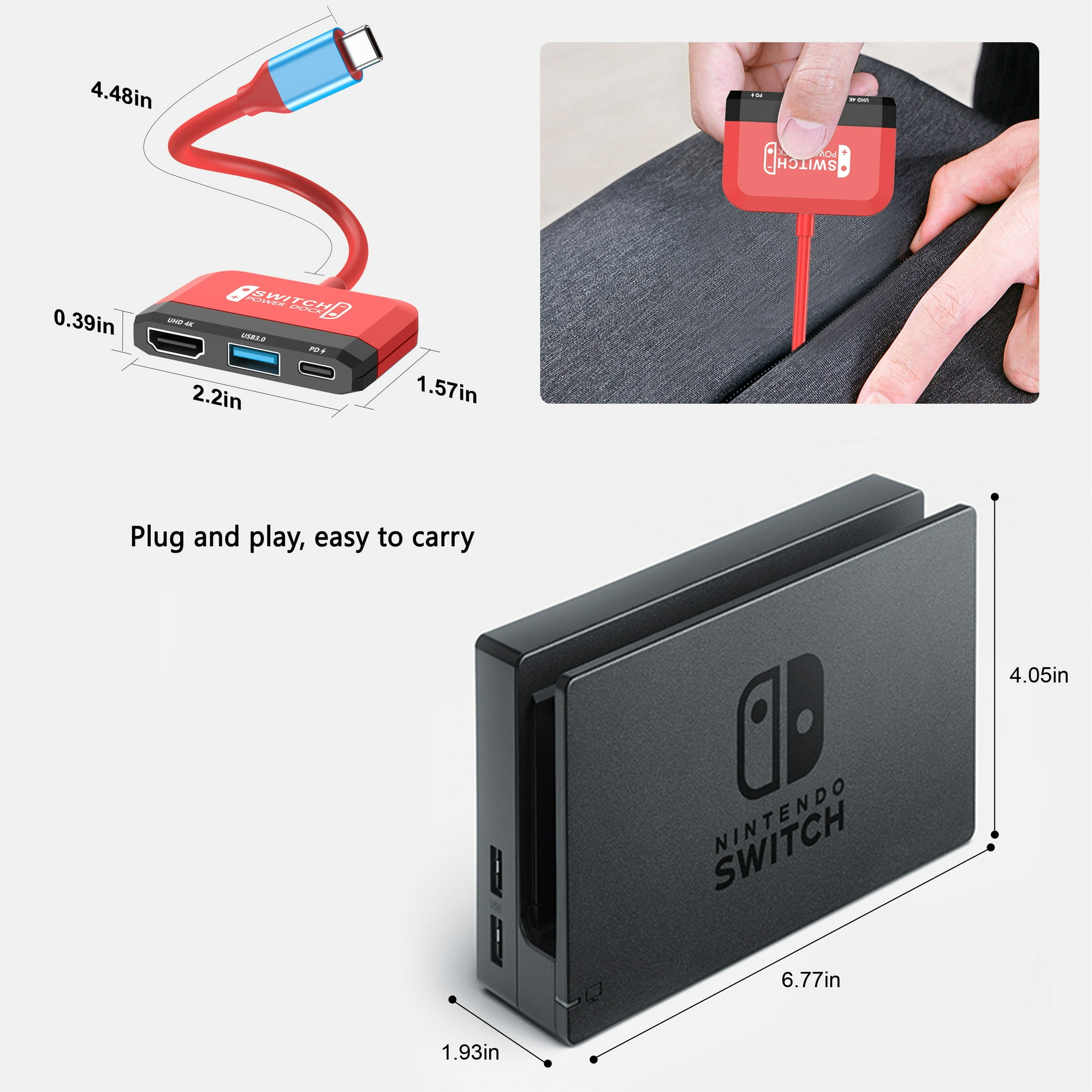 Rotes und schwarzes Nintendo Switch Zubehör, mit Maßen und Text.