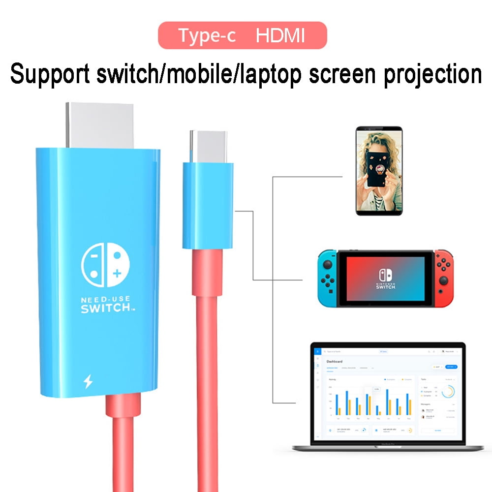 Blaues und rotes HDMI-Kabel mit Telefon, Nintendo Switch und Laptop-Bildschirm.